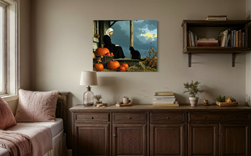 Pilgrim Girl with Cat and Pumpkins