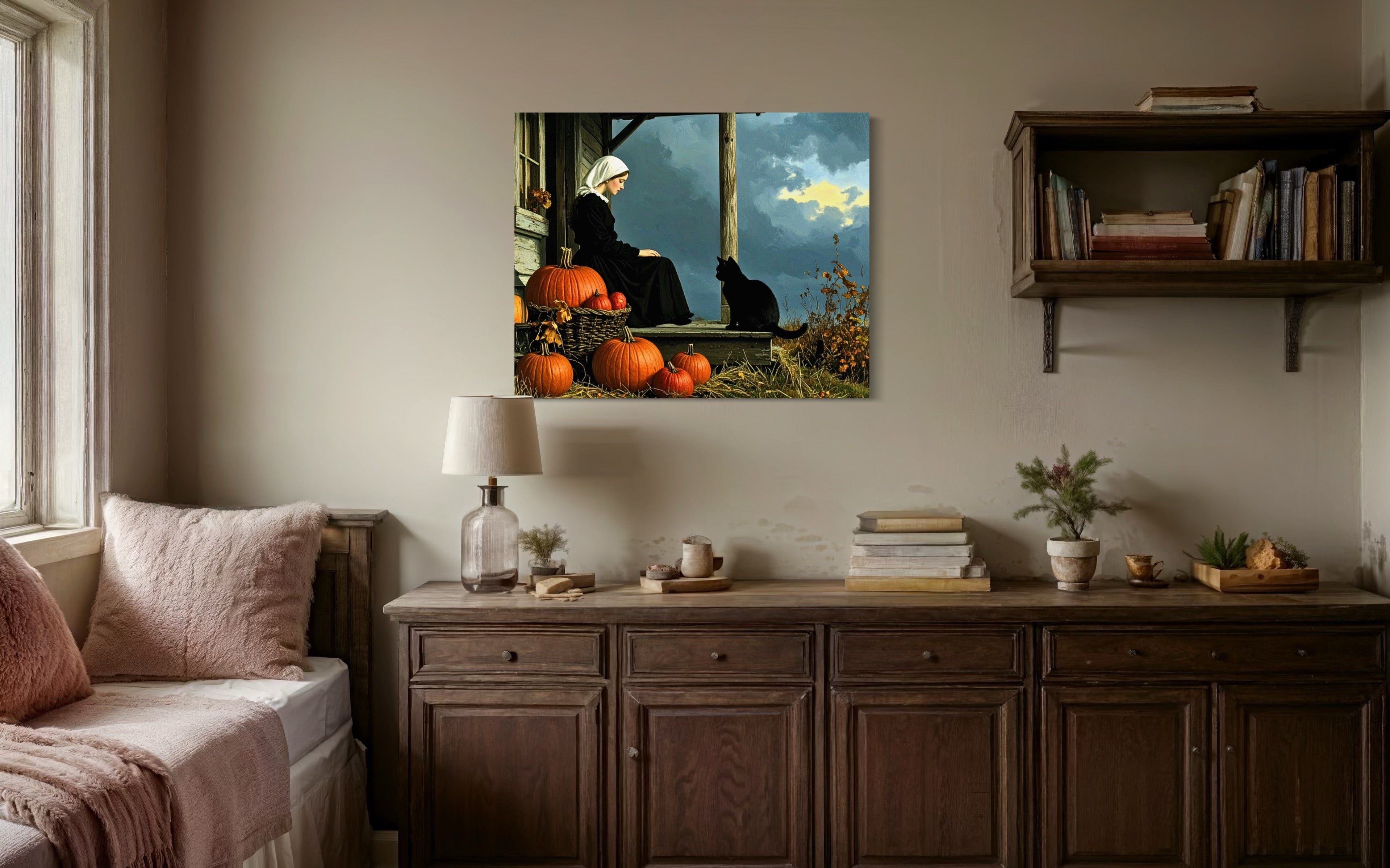 Pilgrim Girl with Cat and Pumpkins