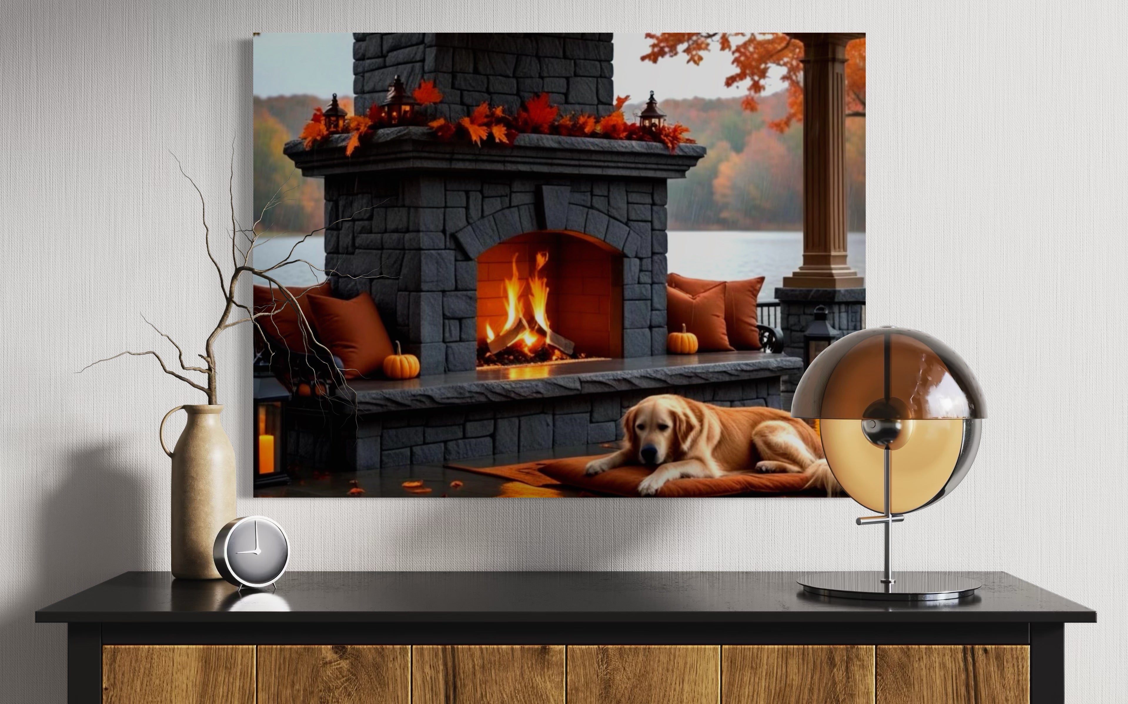 Fall fireplace on the Lake in the Rain