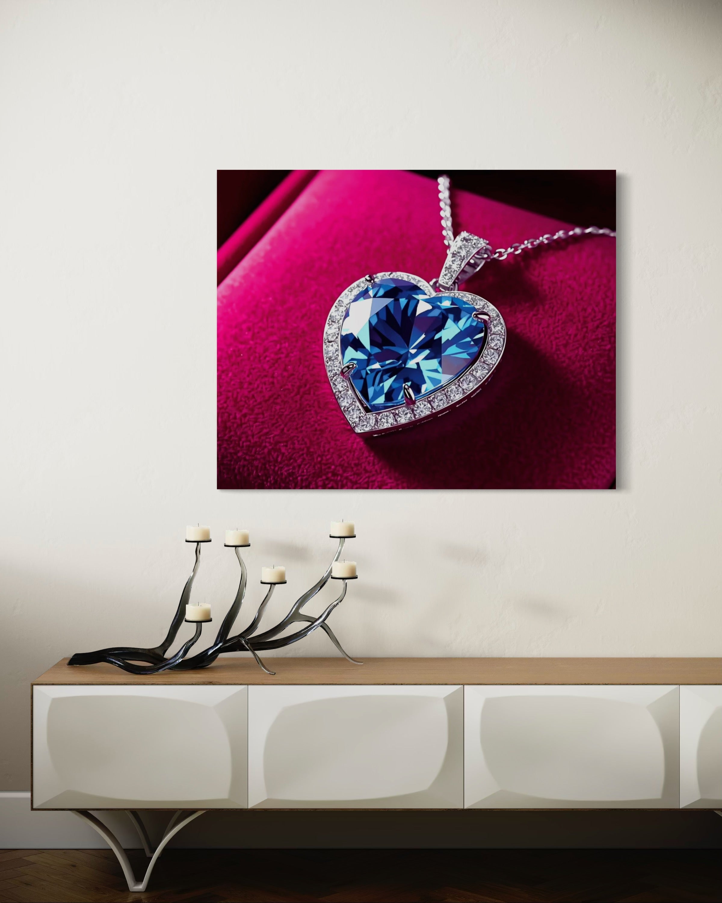Blue Diamond Heart Necklace on Pink Velvet Museum Print