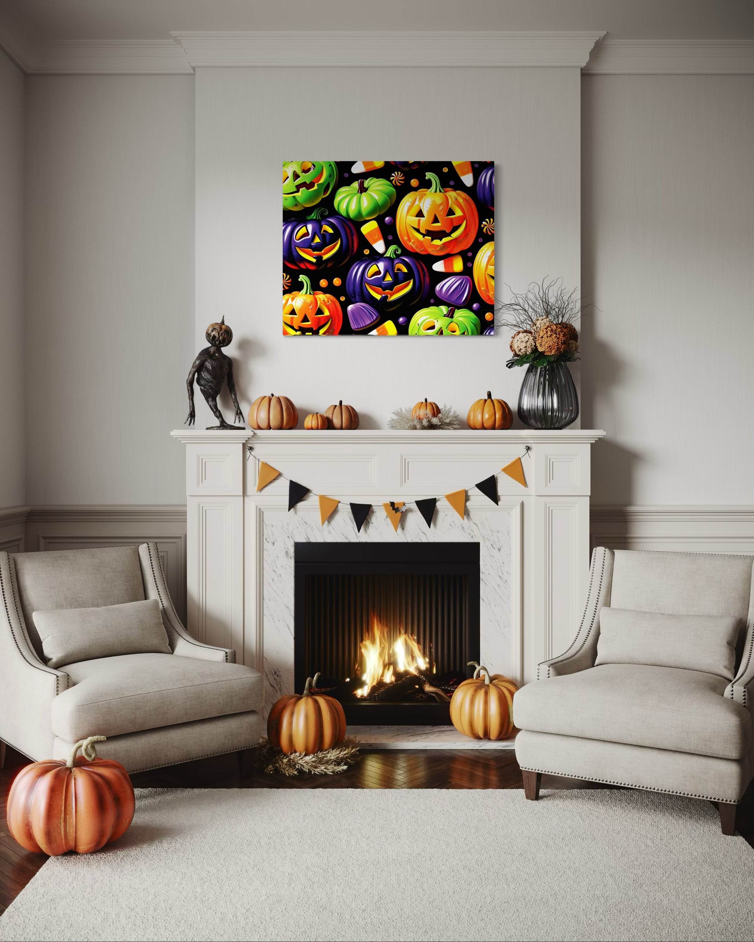 Candy and Pumpkins Pattern on Black
