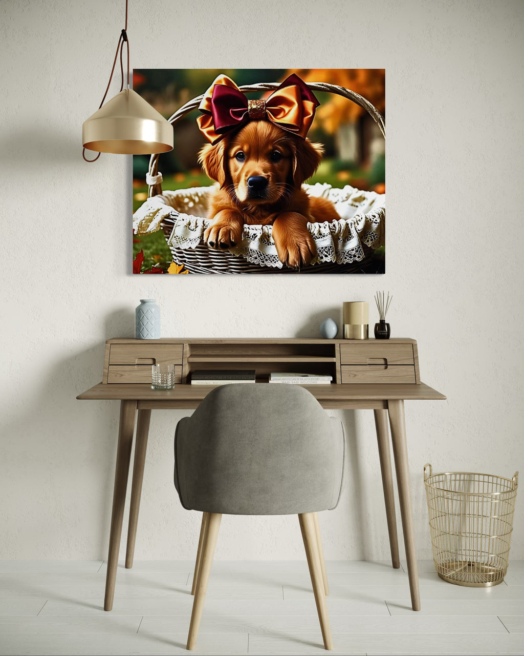 Autumn Golden Retriever Girl Puppy with a bow in a Basket