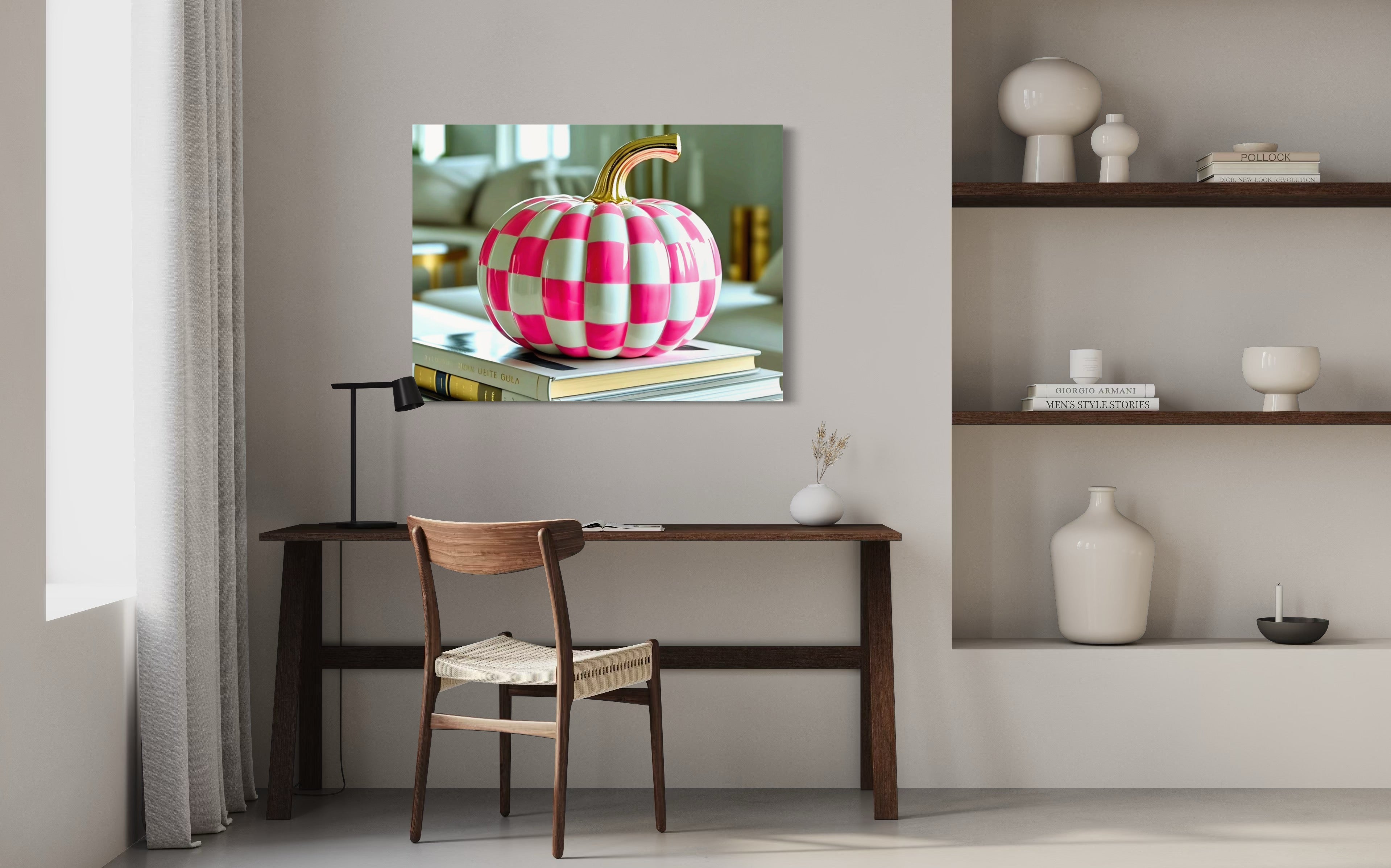 Pink and White Checkered Gold Stem Ceramic Pumpkin