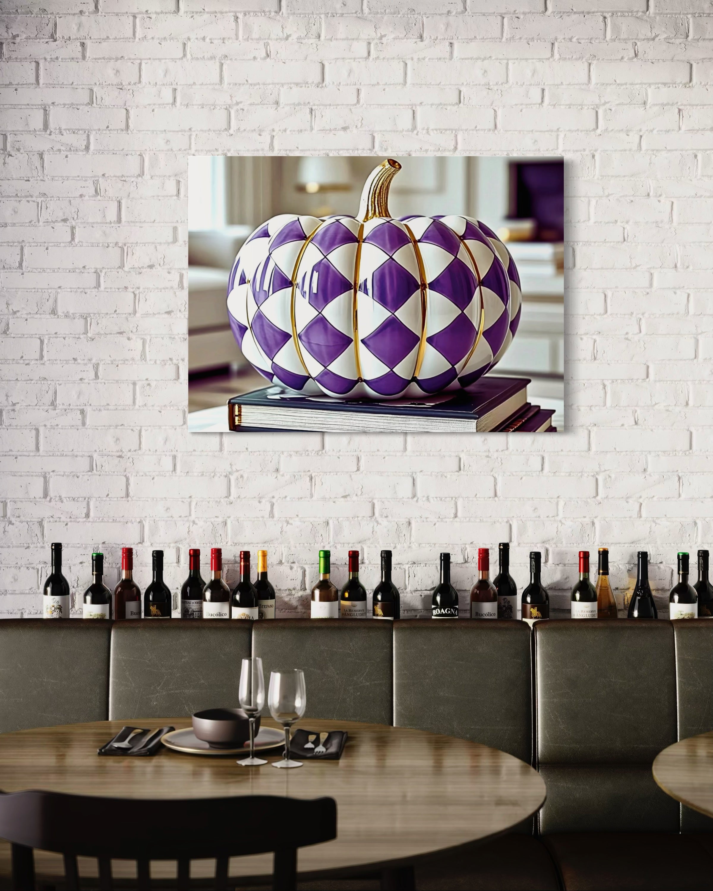 Purple and Gold Checkered Ceramic Pumpkin