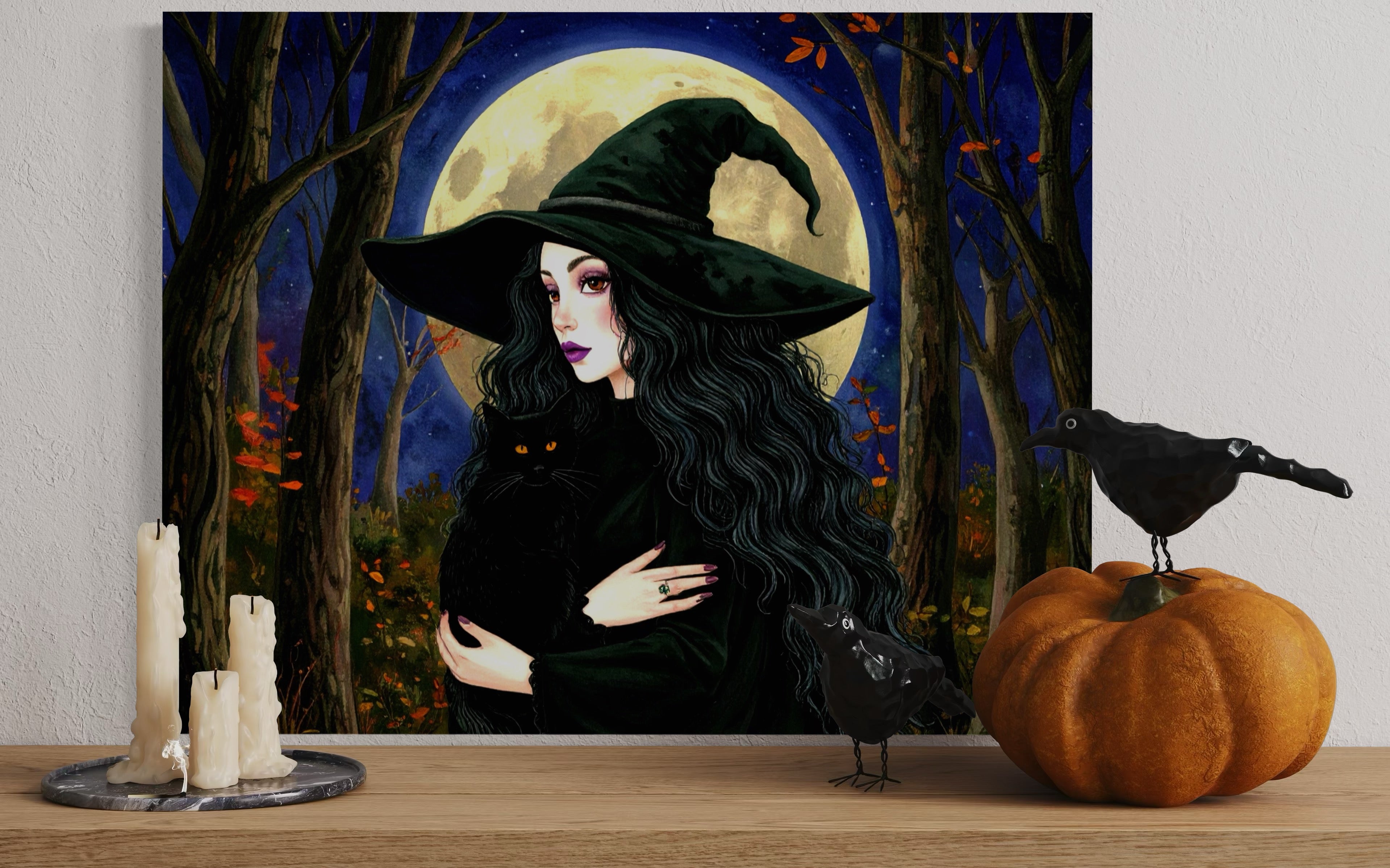 Witch and Cat in Moonlight