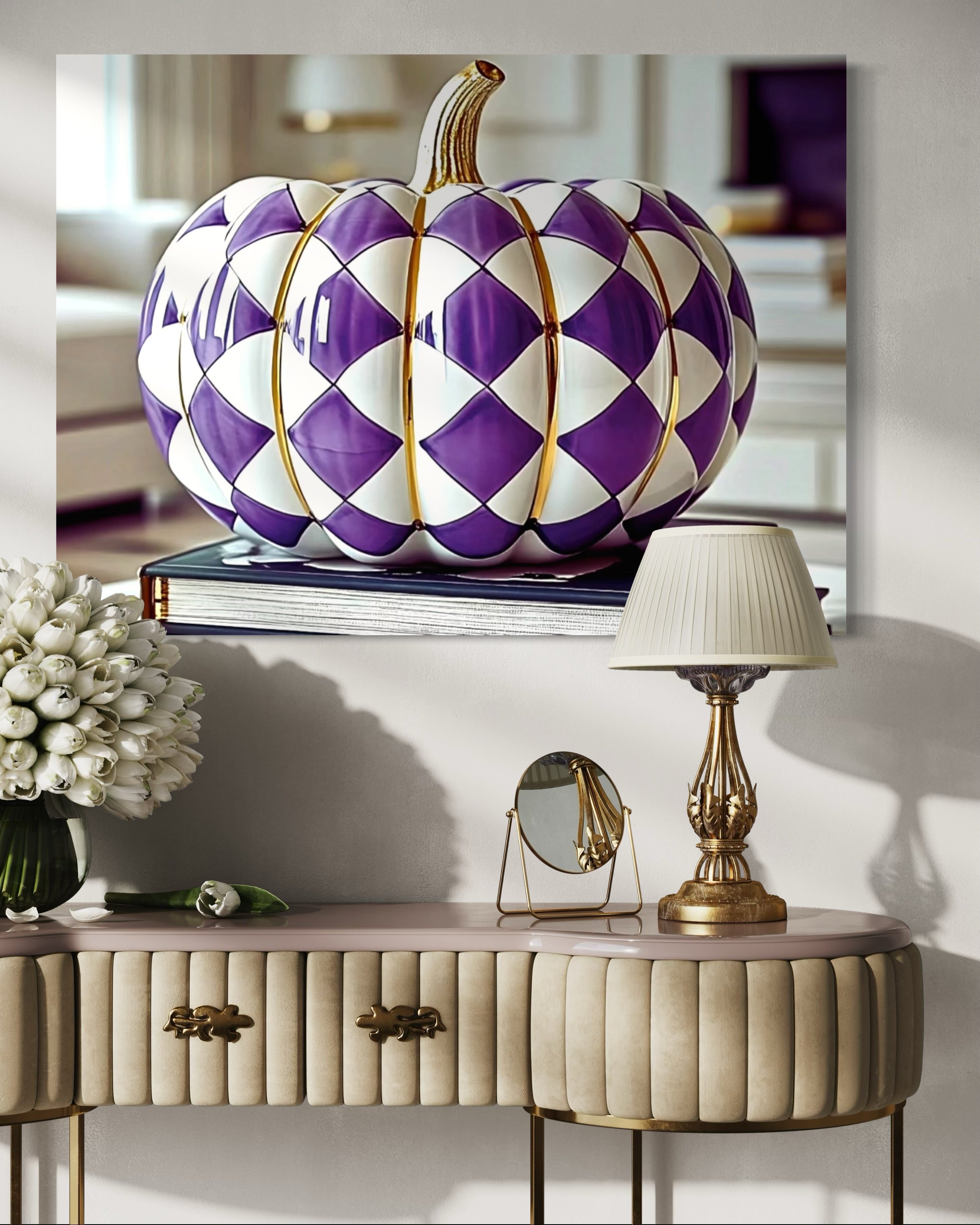 Purple and Gold Checkered Ceramic Pumpkin