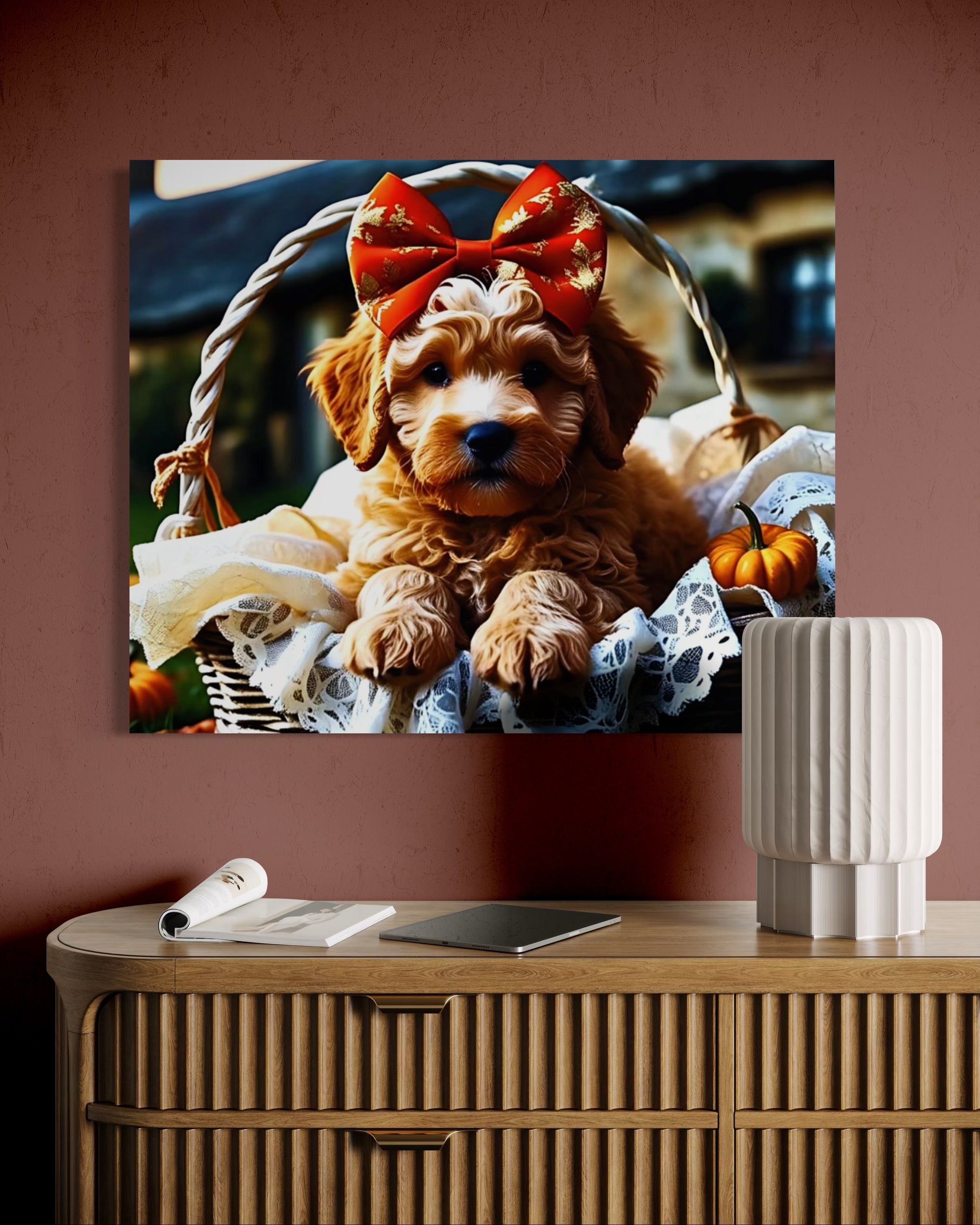 Autumn Goldendoodle Puppy with Bow in Basket