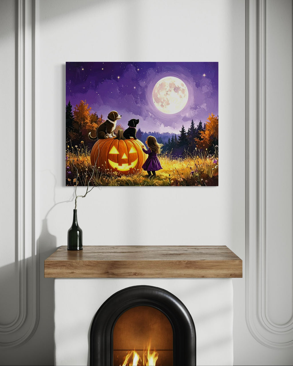Little Girl and Puppies in the Moonlight