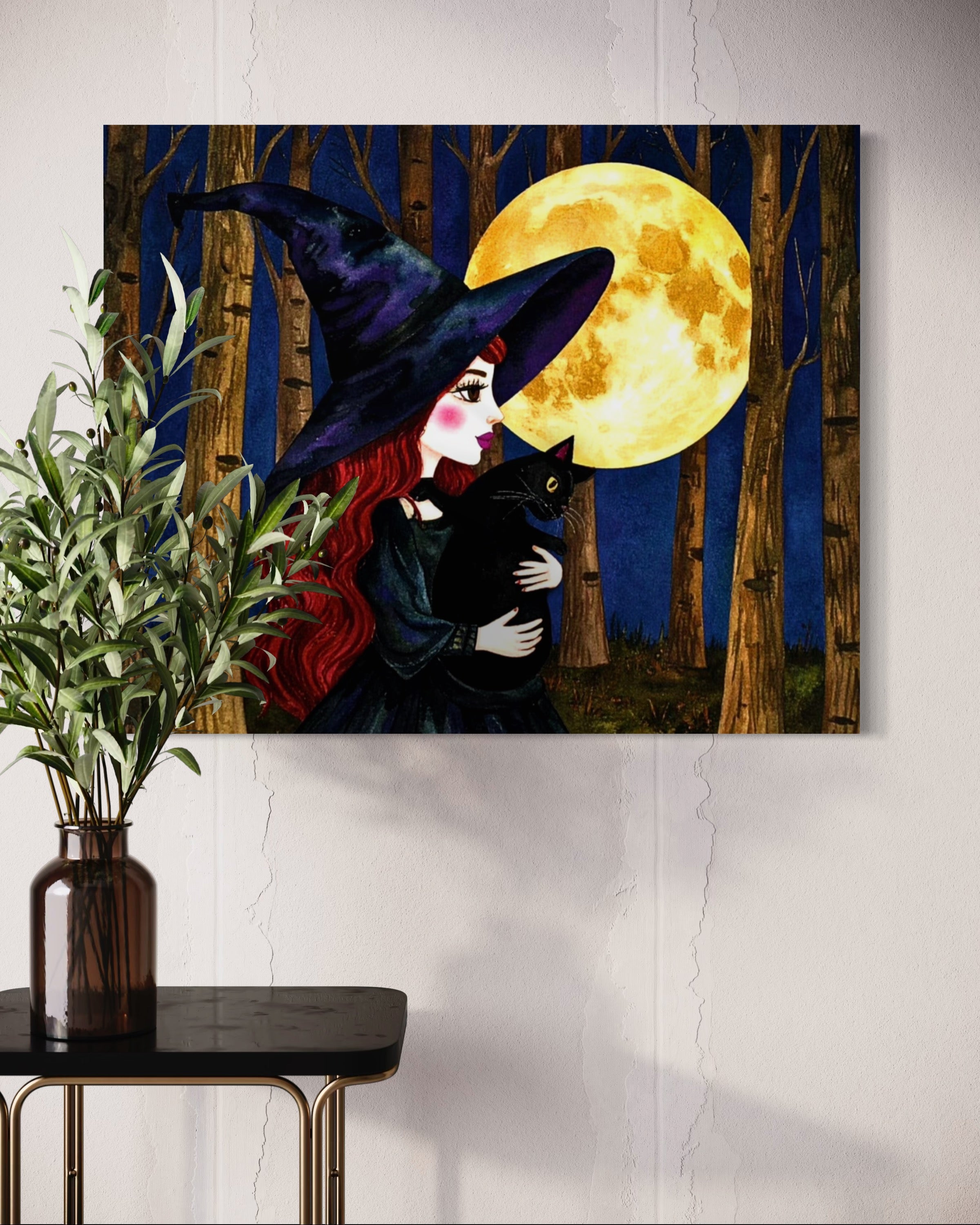 Red Witch with Cat in Moonlight