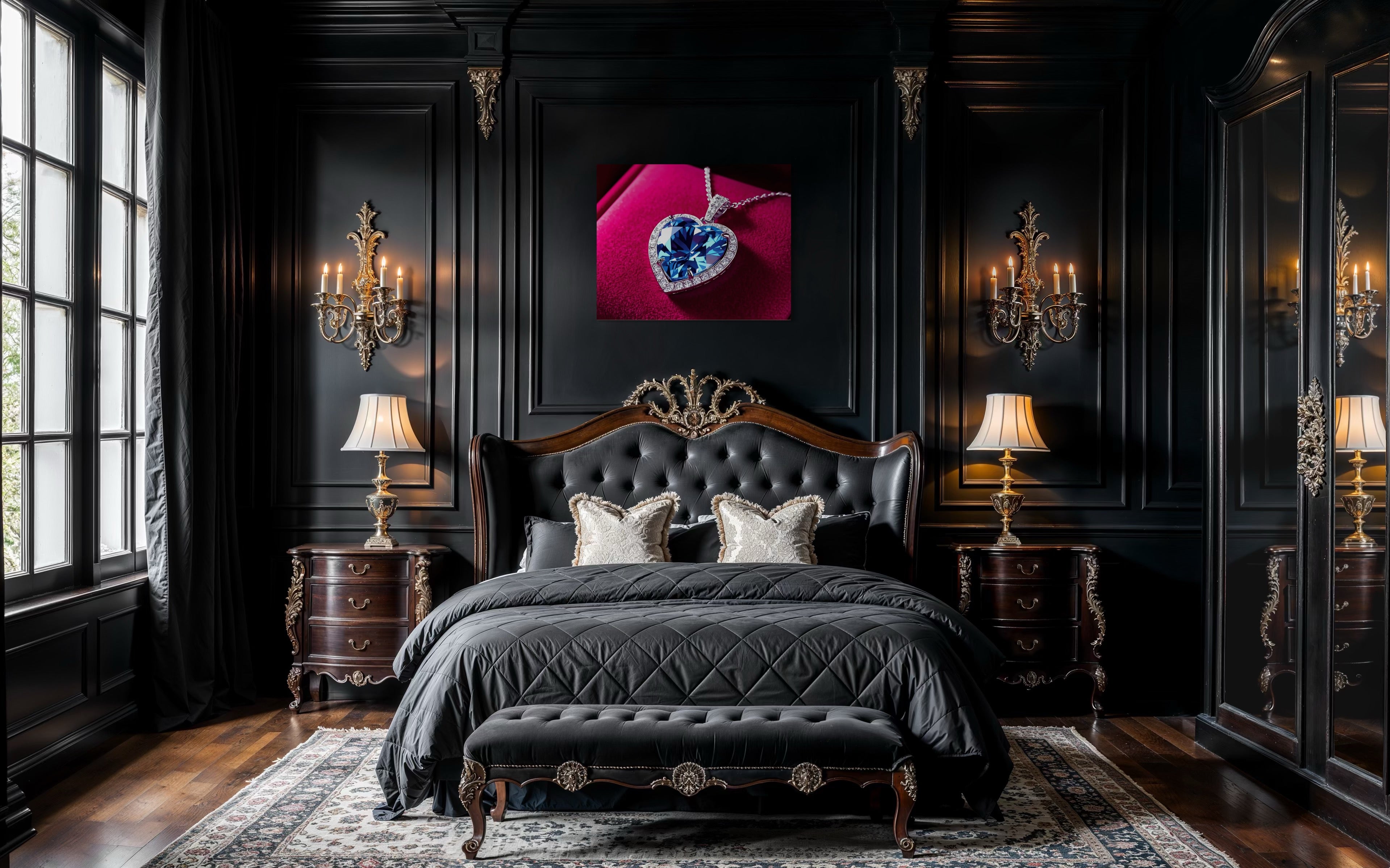 Blue Diamond Heart Necklace on Pink Velvet Museum Print