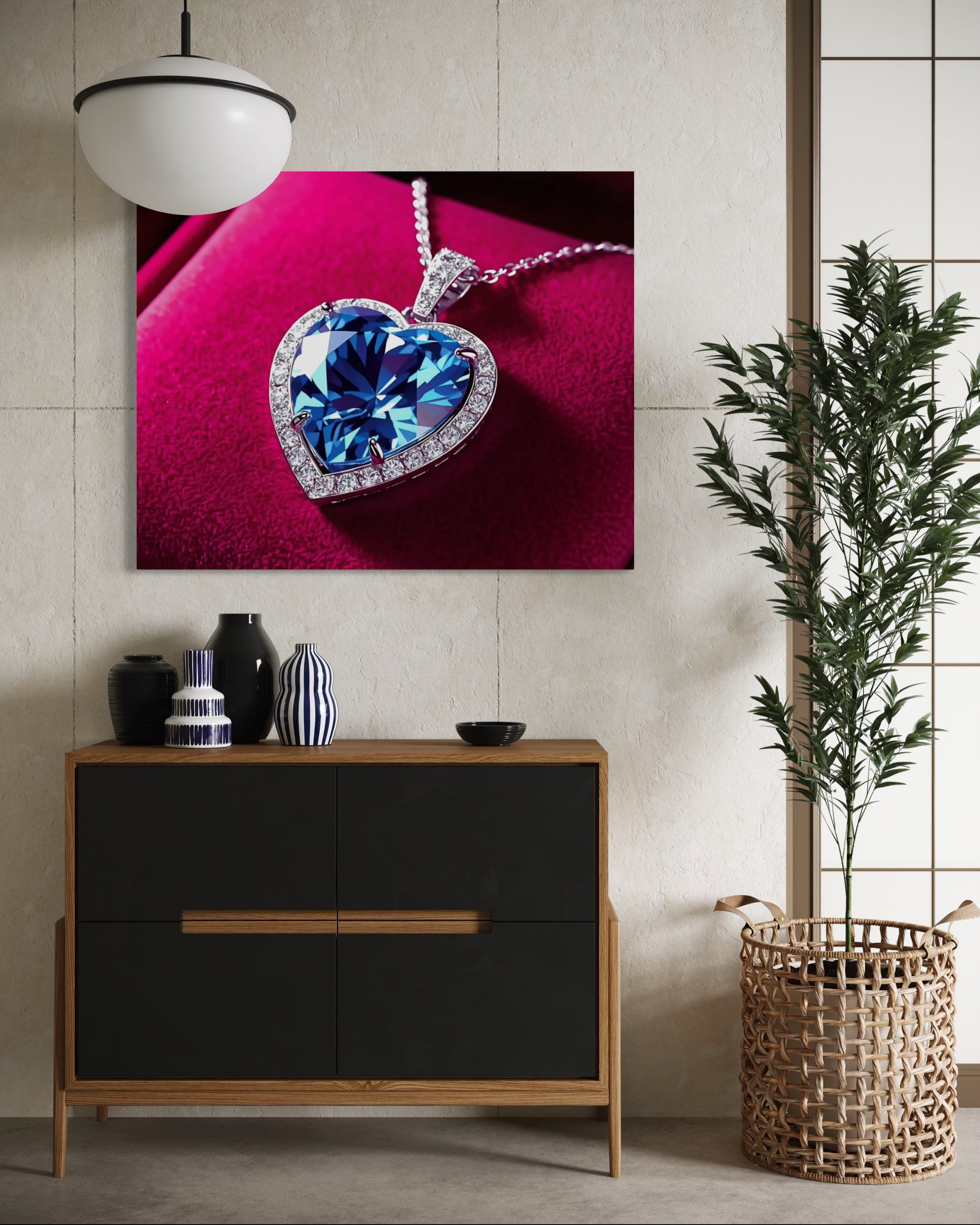Blue Diamond Heart Necklace on Pink Velvet Museum Print