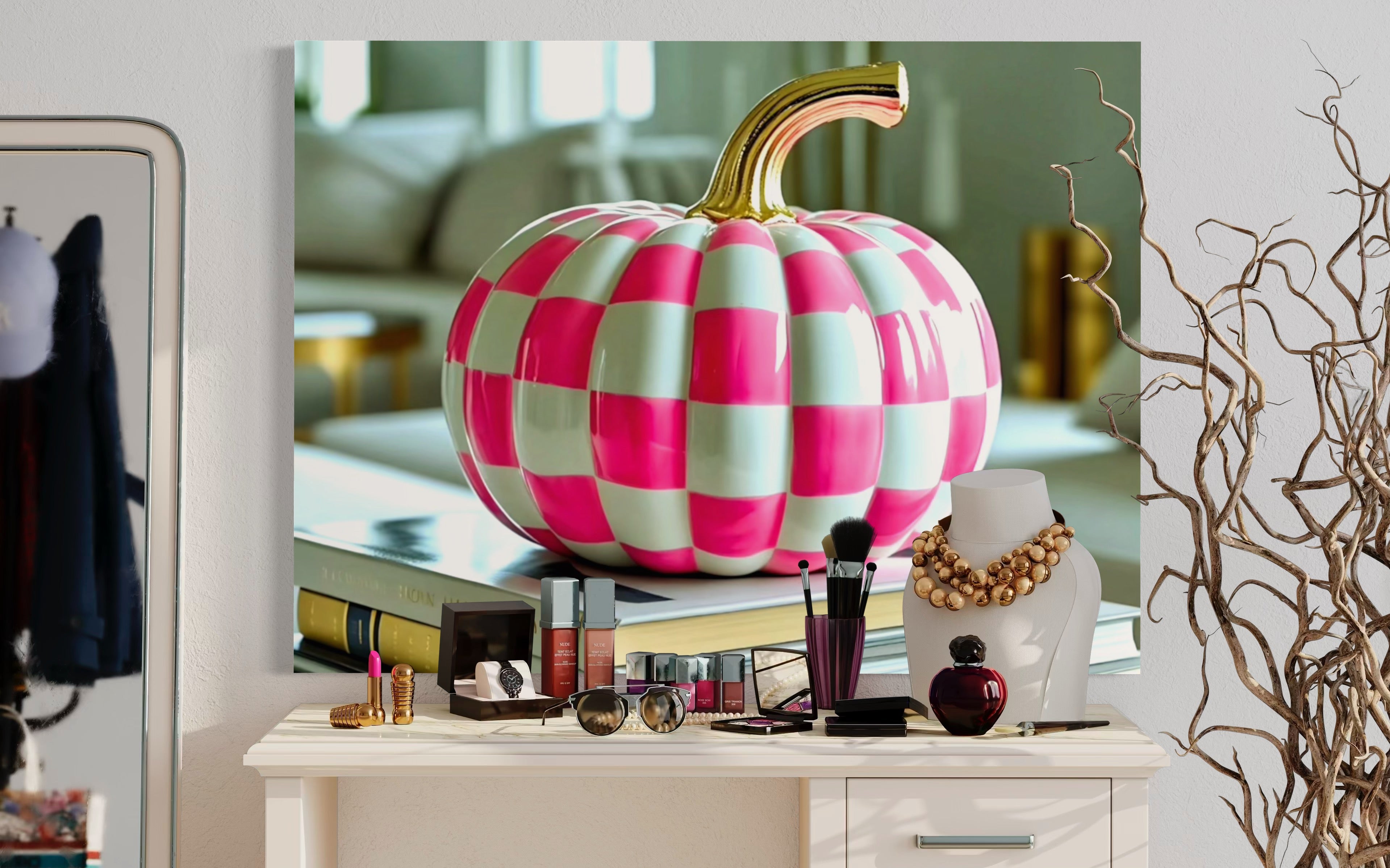 Pink and White Checkered Gold Stem Ceramic Pumpkin
