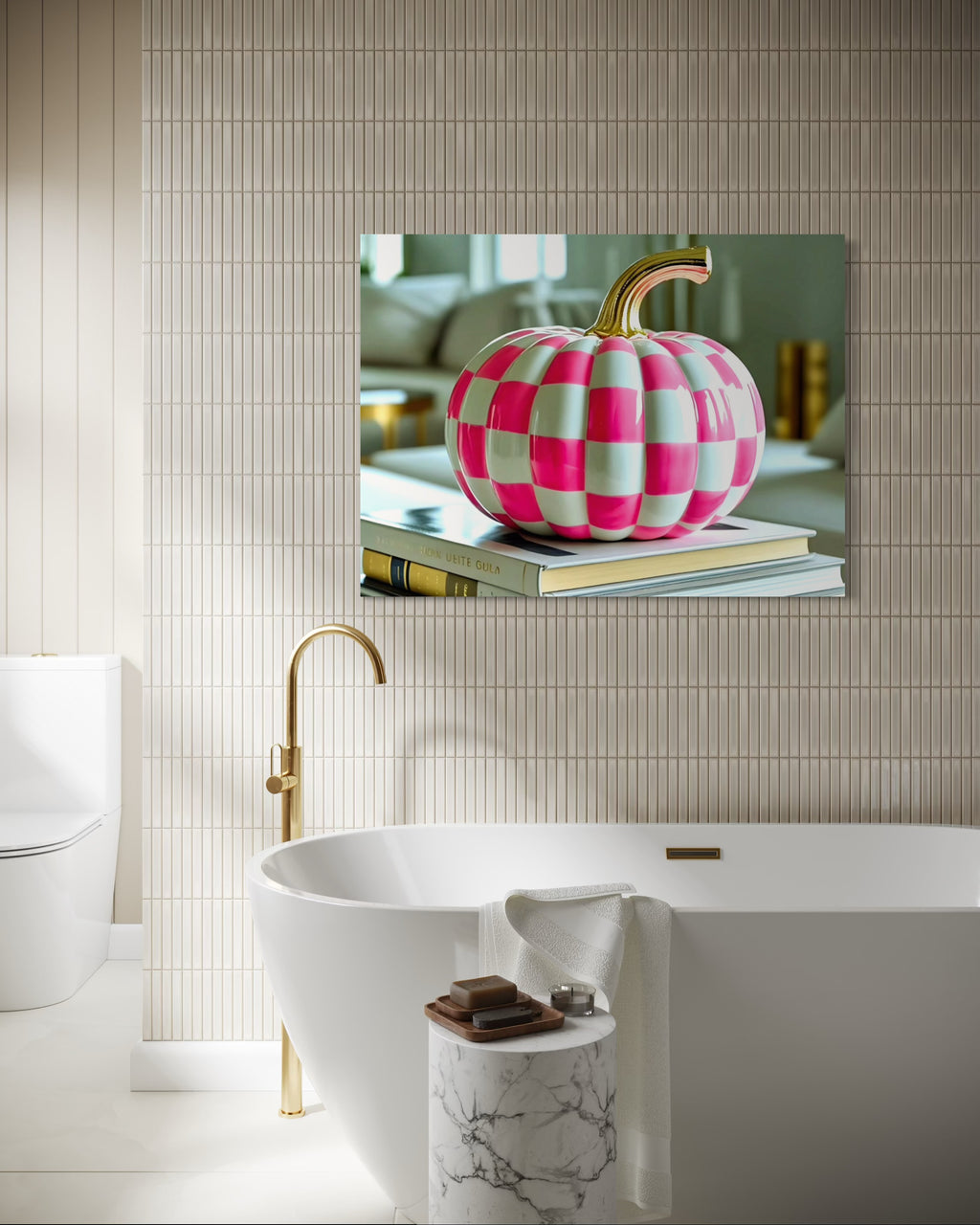 Pink and White Checkered Gold Stem Ceramic Pumpkin