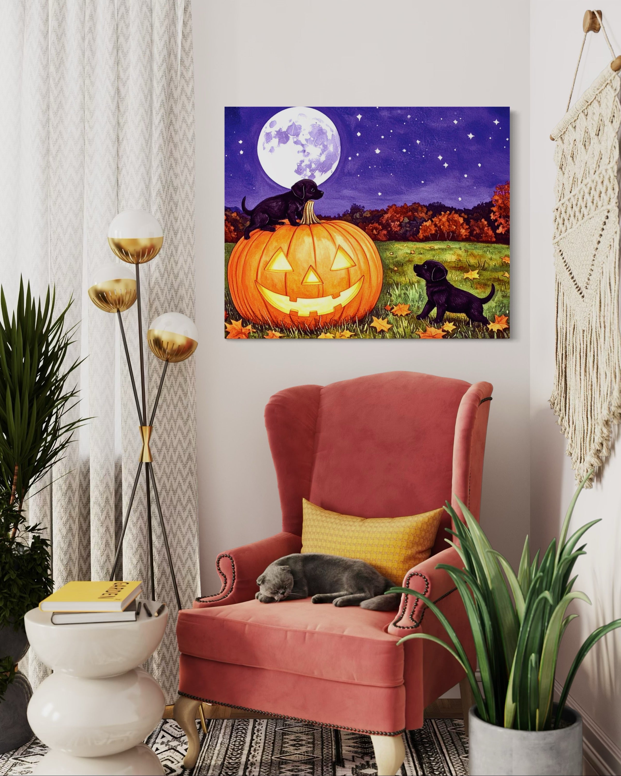 Puppies play on a Pumpkin