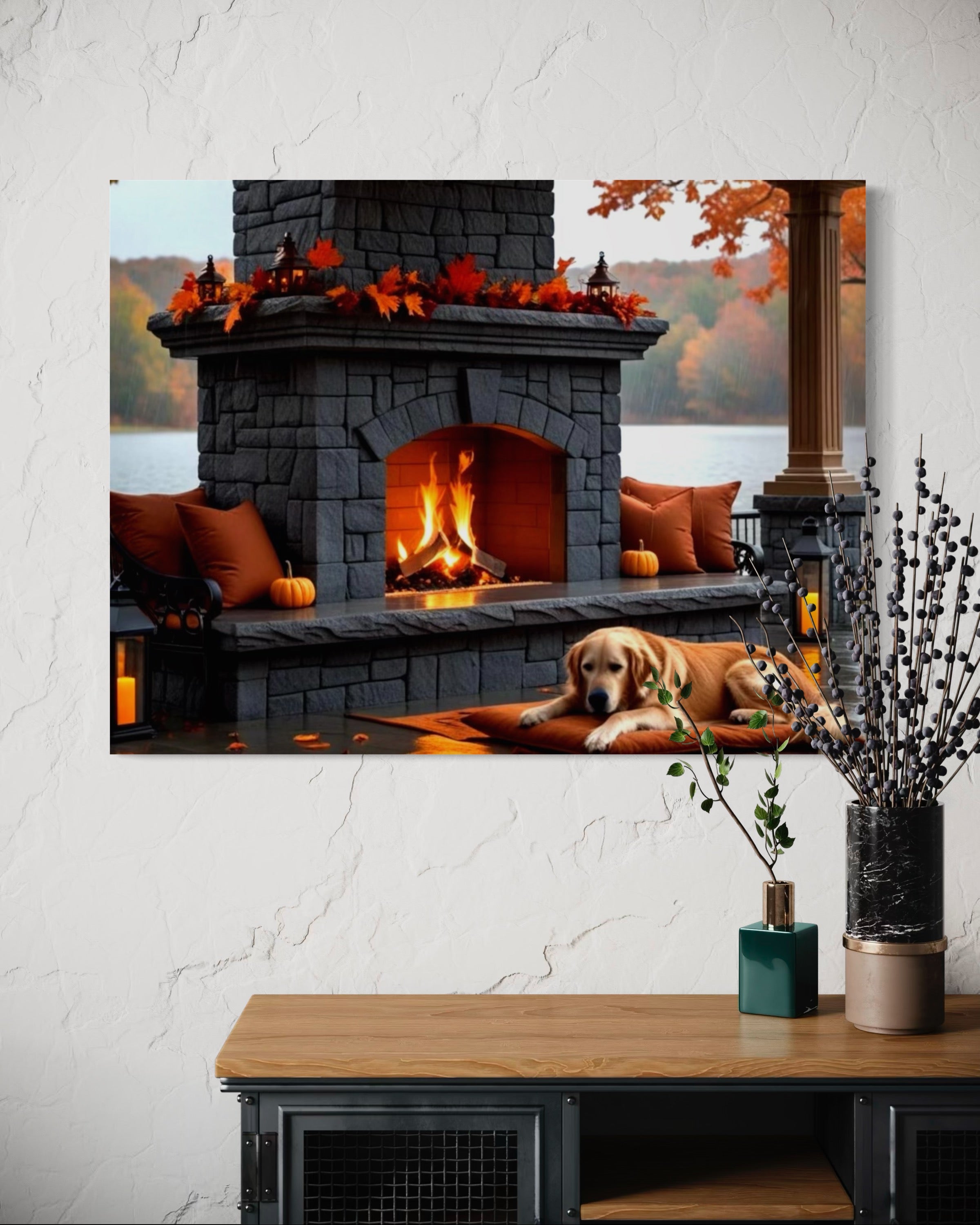 Fall fireplace on the Lake in the Rain