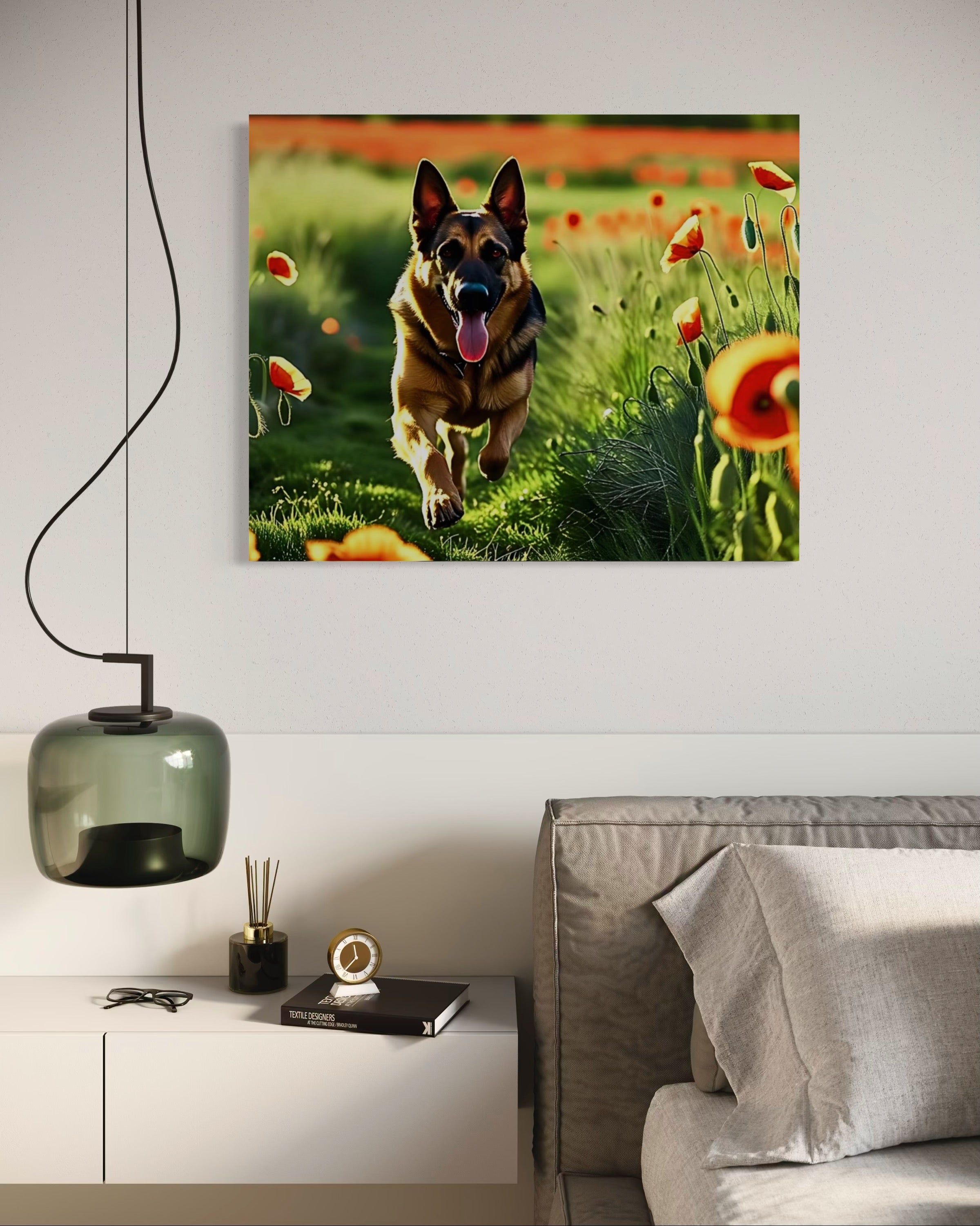 German Shephard Running in a Poppy Field