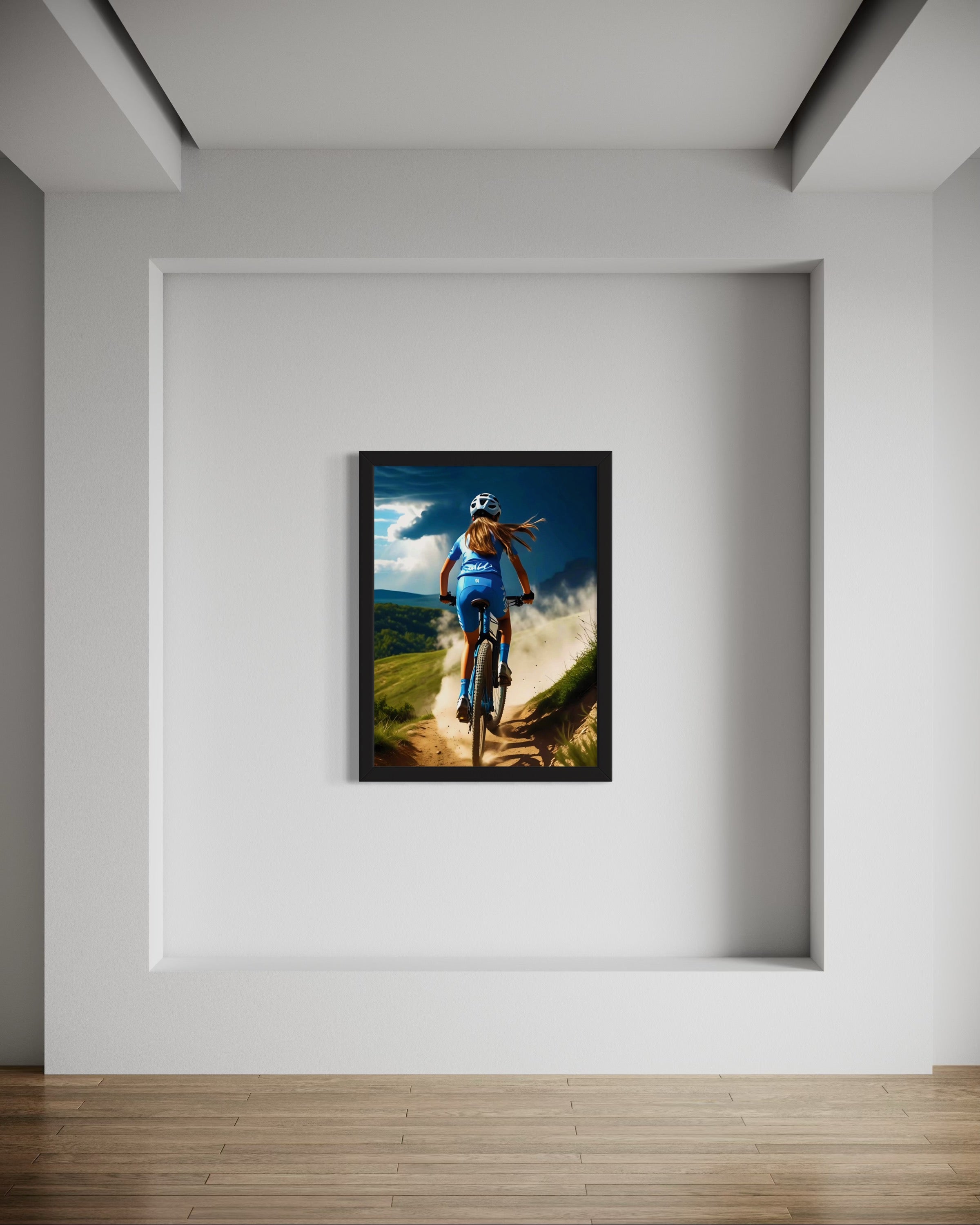 Girl Mountain Biking Blue Museum Print