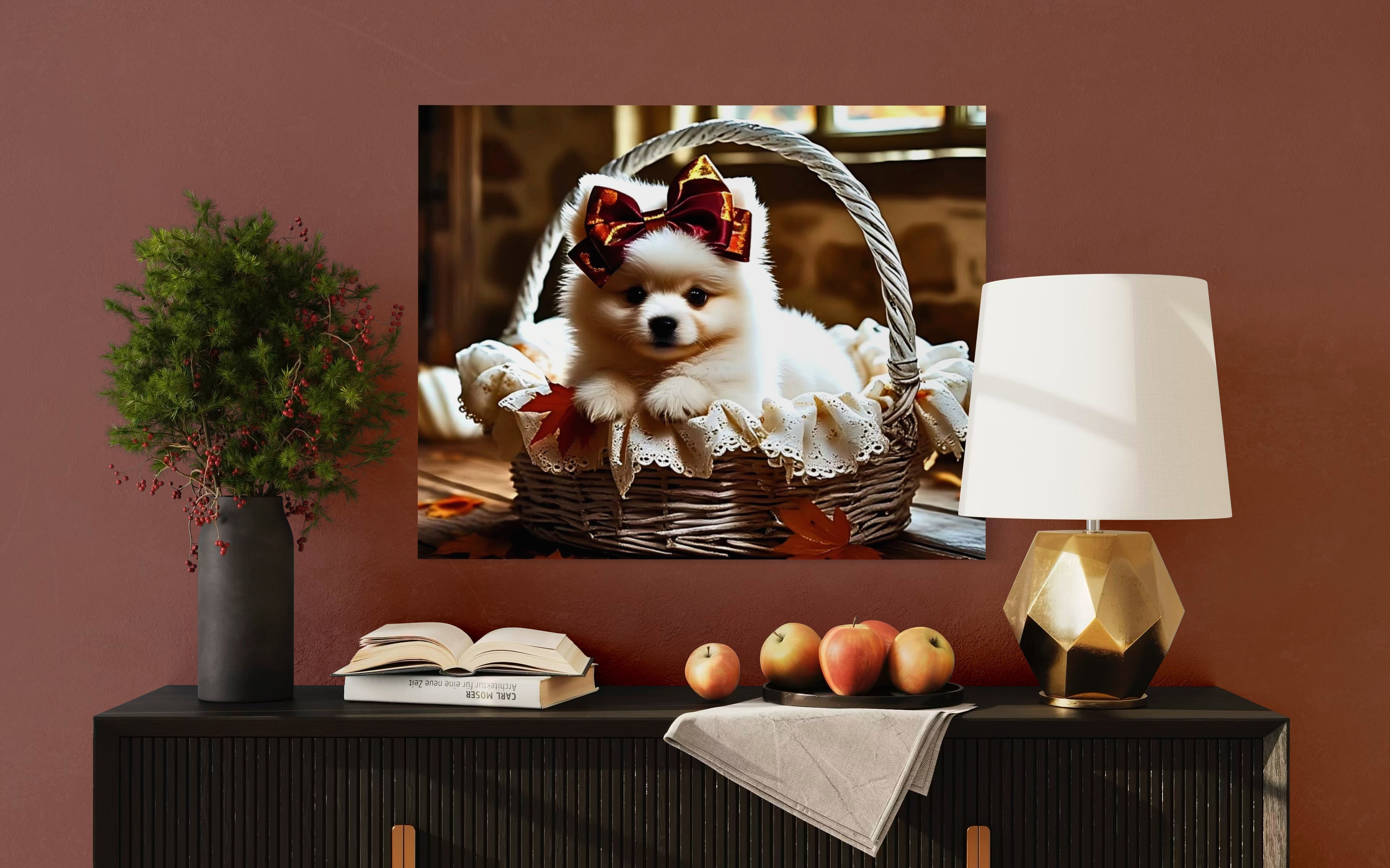 Autumn Pomeranian Puppy Girl with Bow in Basket