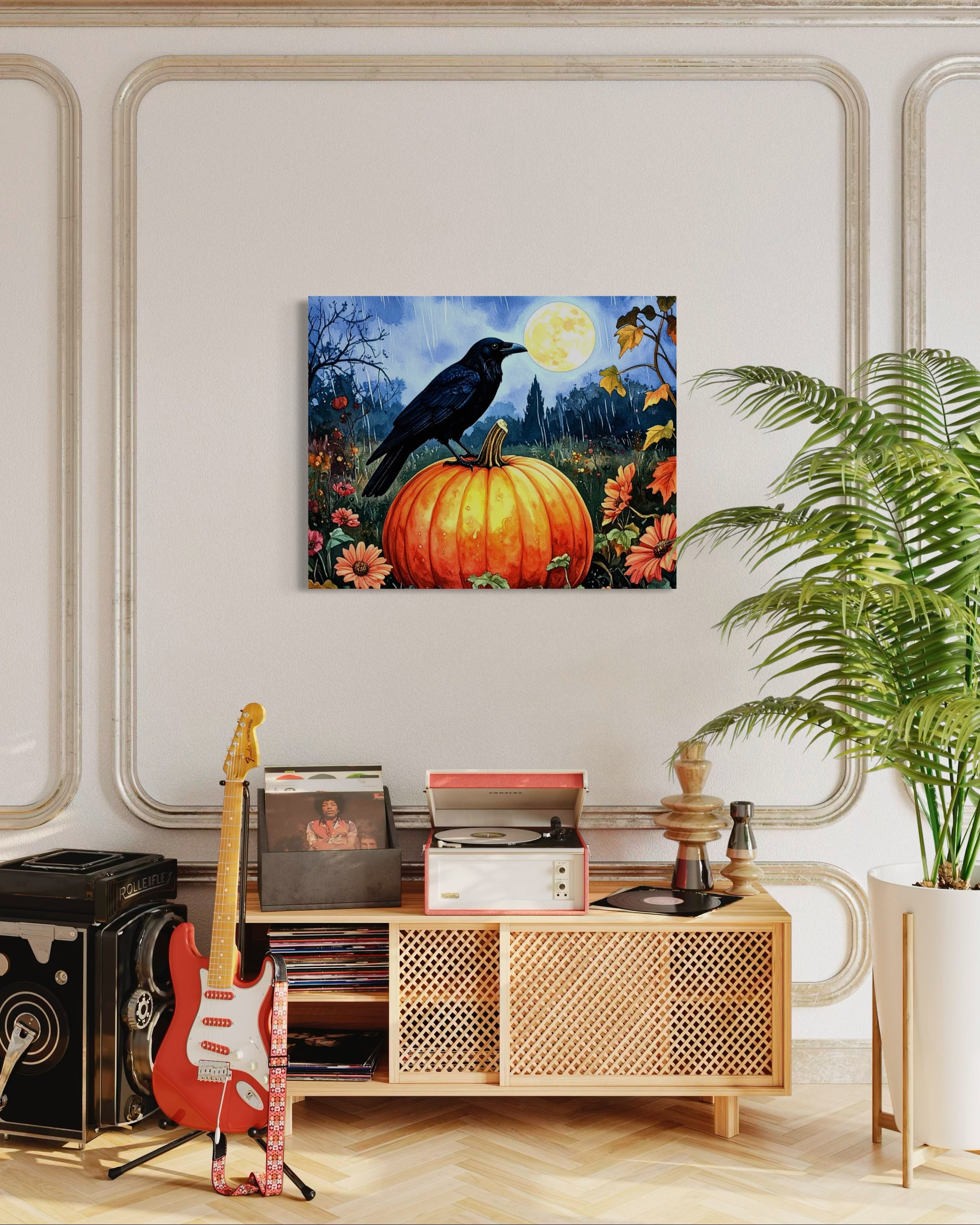Crow on Pumpkin in Rain