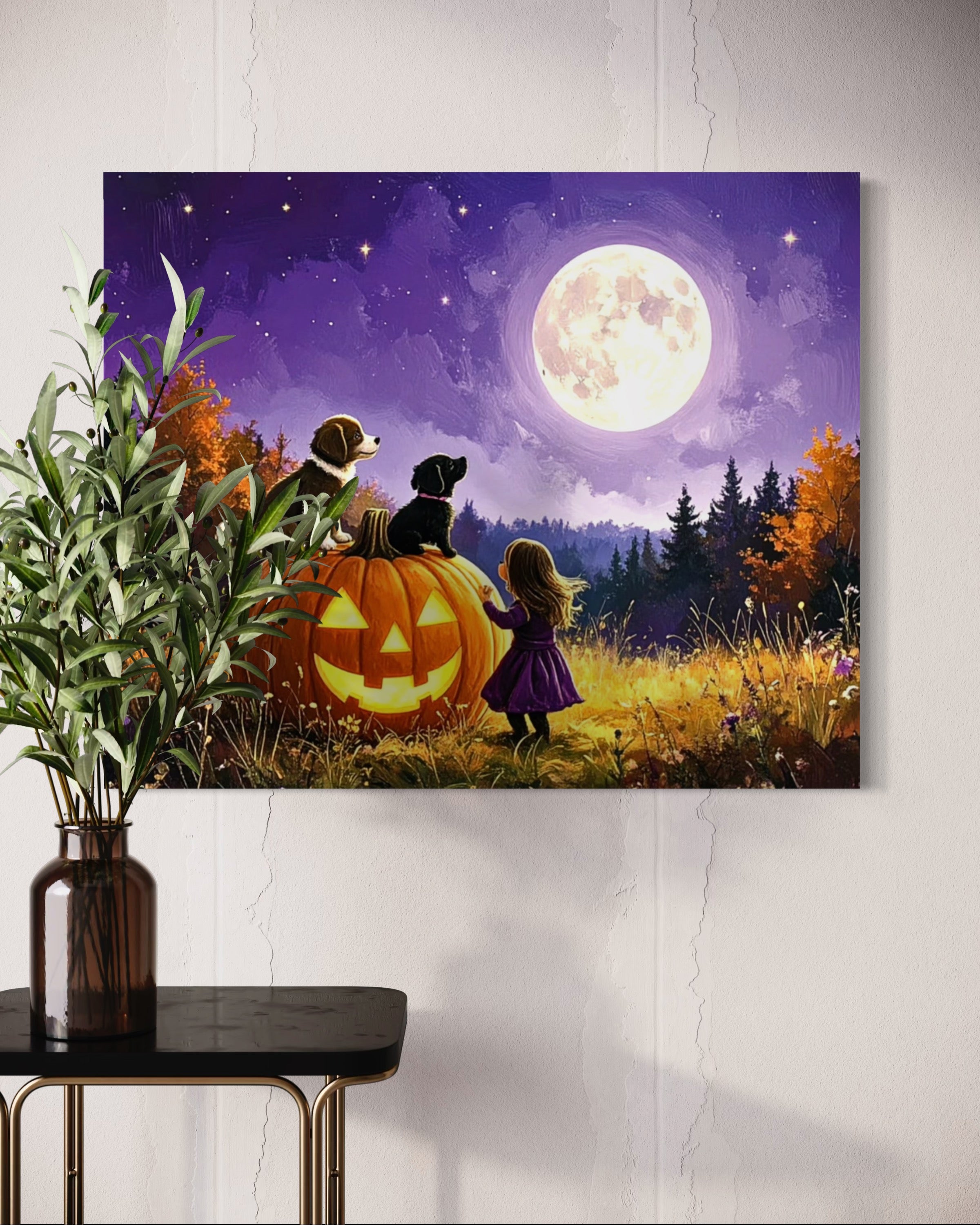 Little Girl and Puppies in the Moonlight