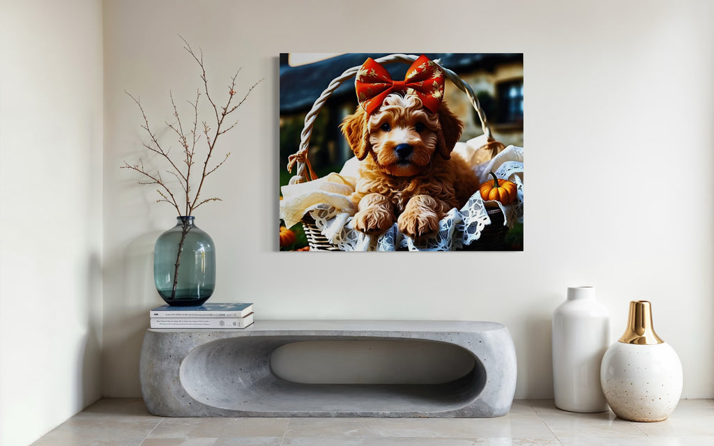 Autumn Goldendoodle Puppy with Bow in Basket