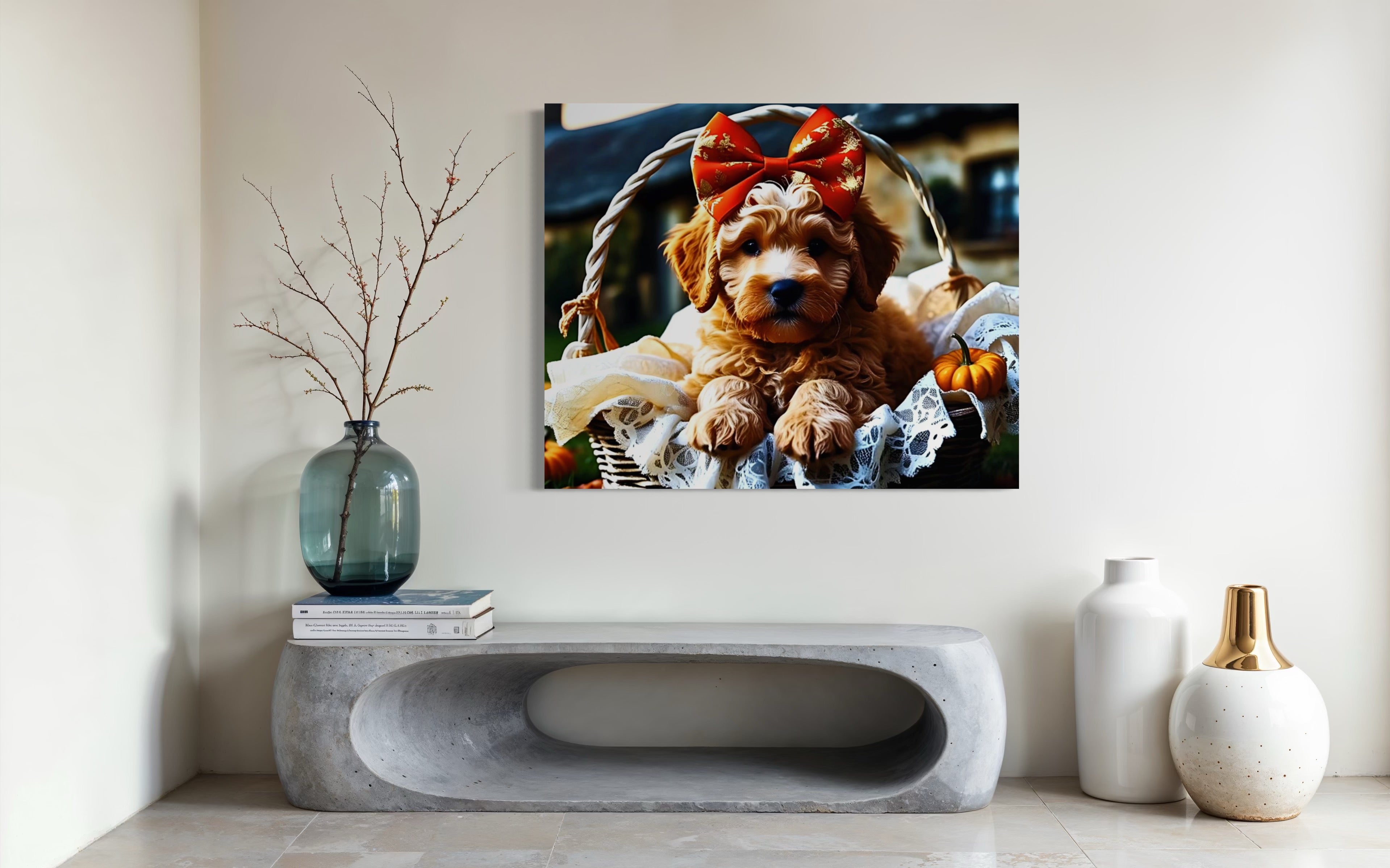 Autumn Goldendoodle Puppy with Bow in Basket