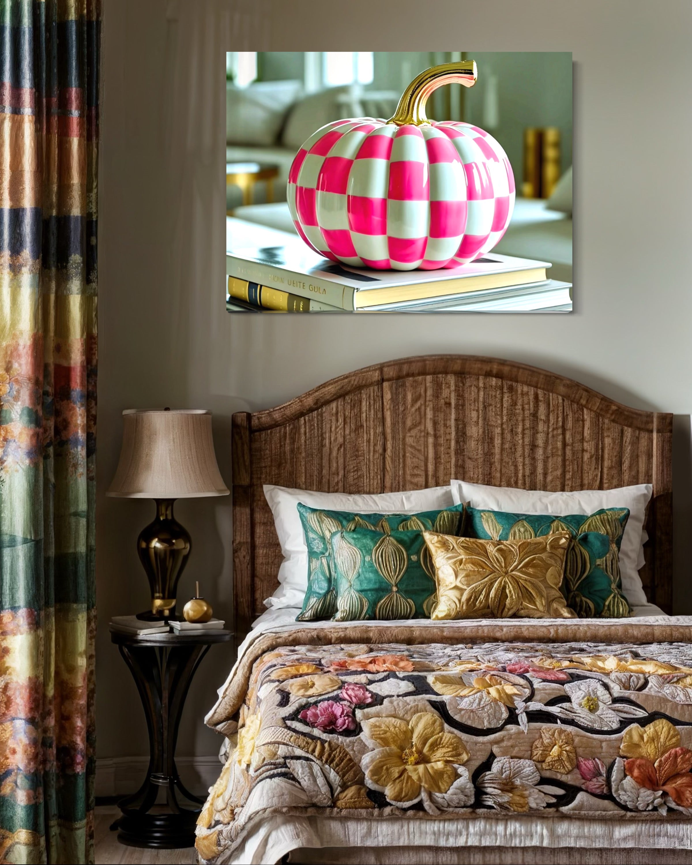 Pink and White Checkered Gold Stem Ceramic Pumpkin