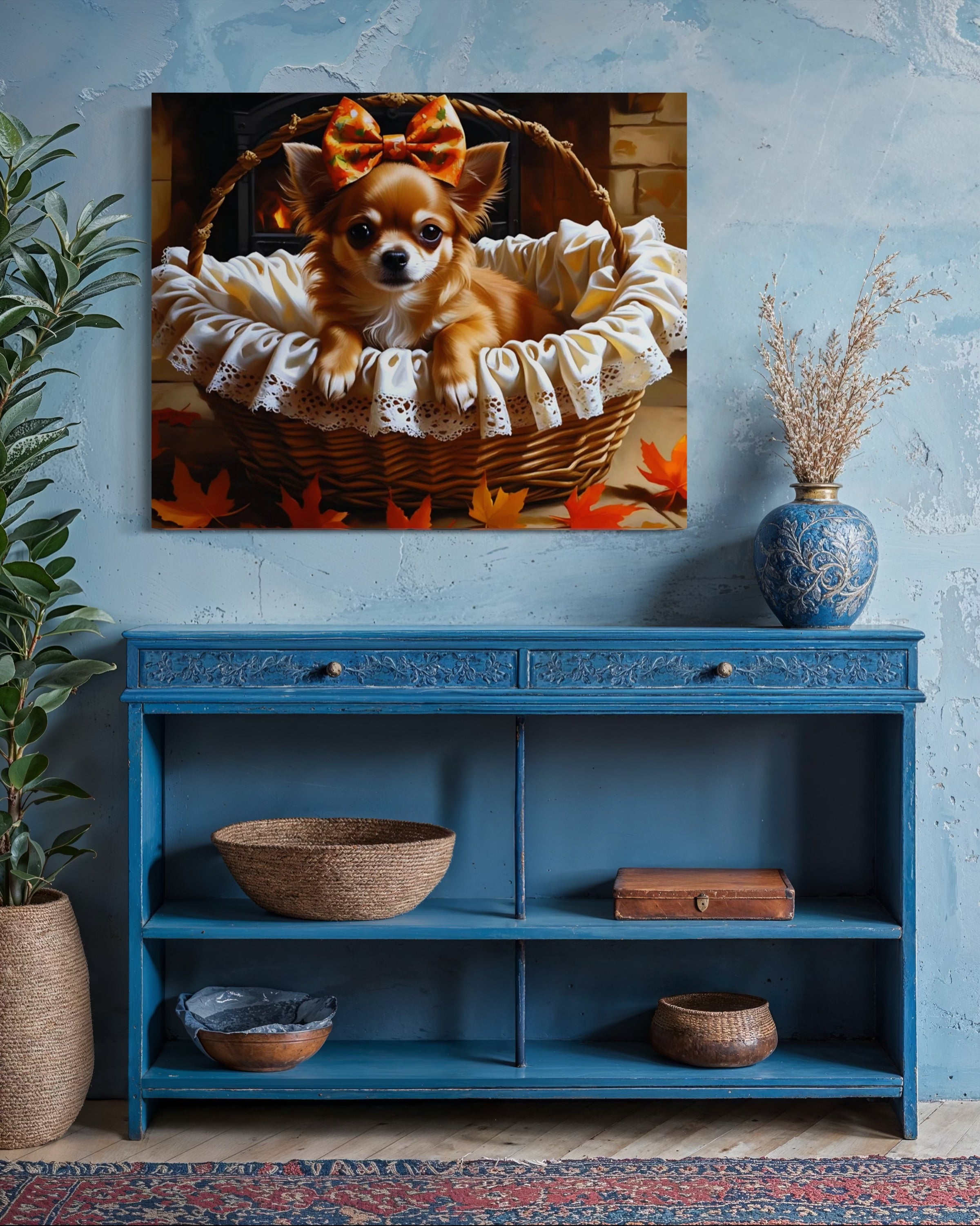 Autumn Chihuahua with Bow in Basket