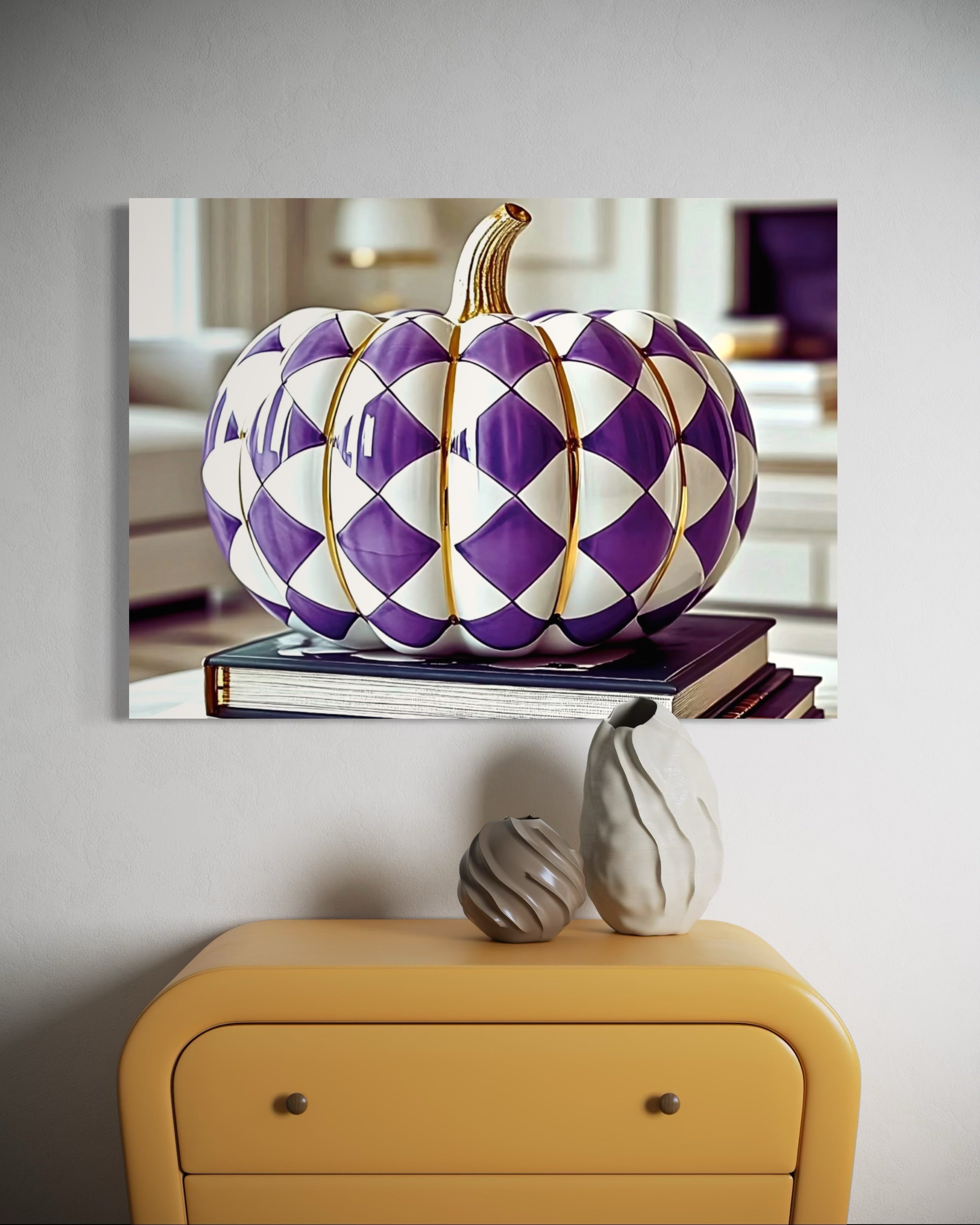 Purple and Gold Checkered Ceramic Pumpkin