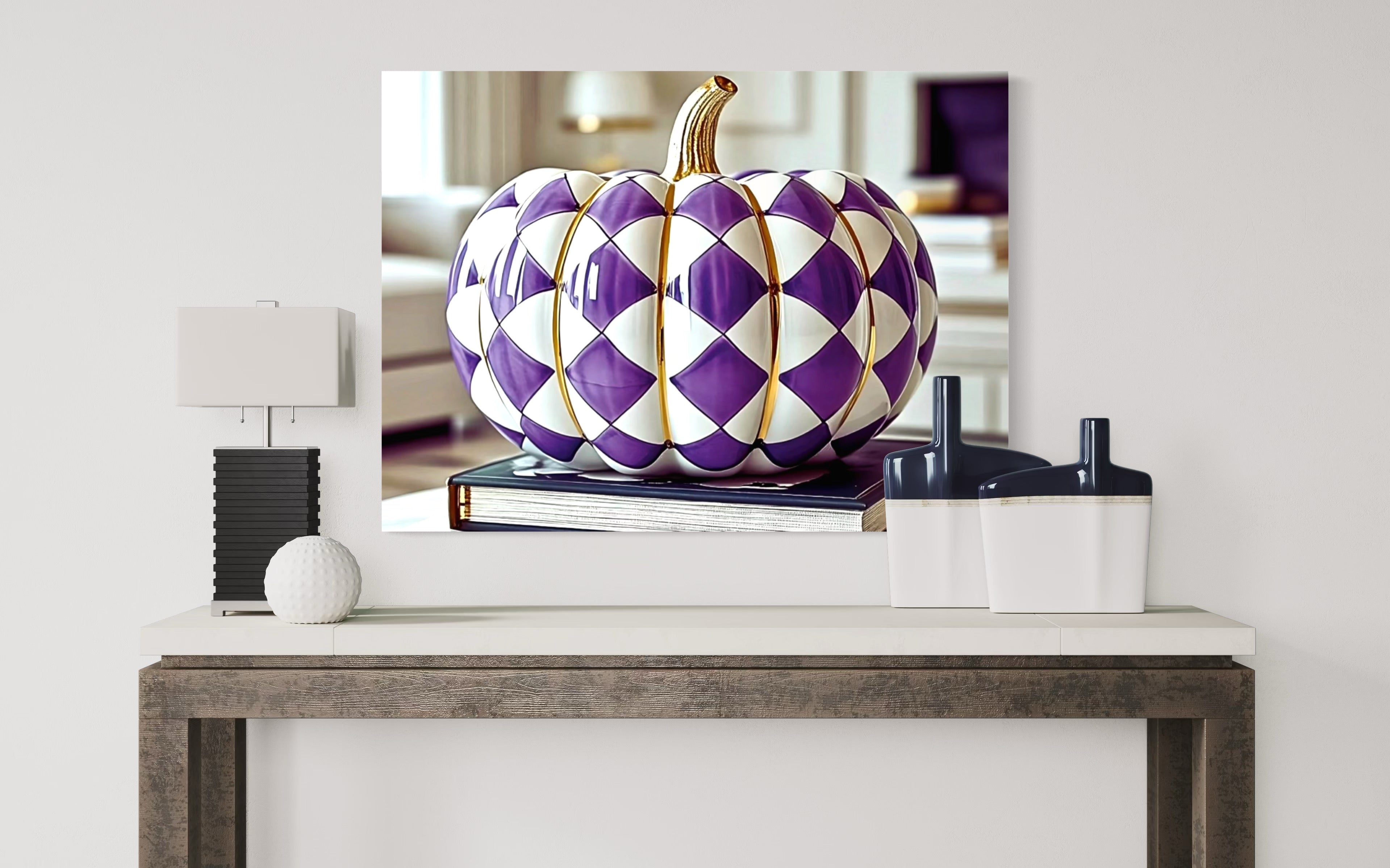 Purple and Gold Checkered Ceramic Pumpkin