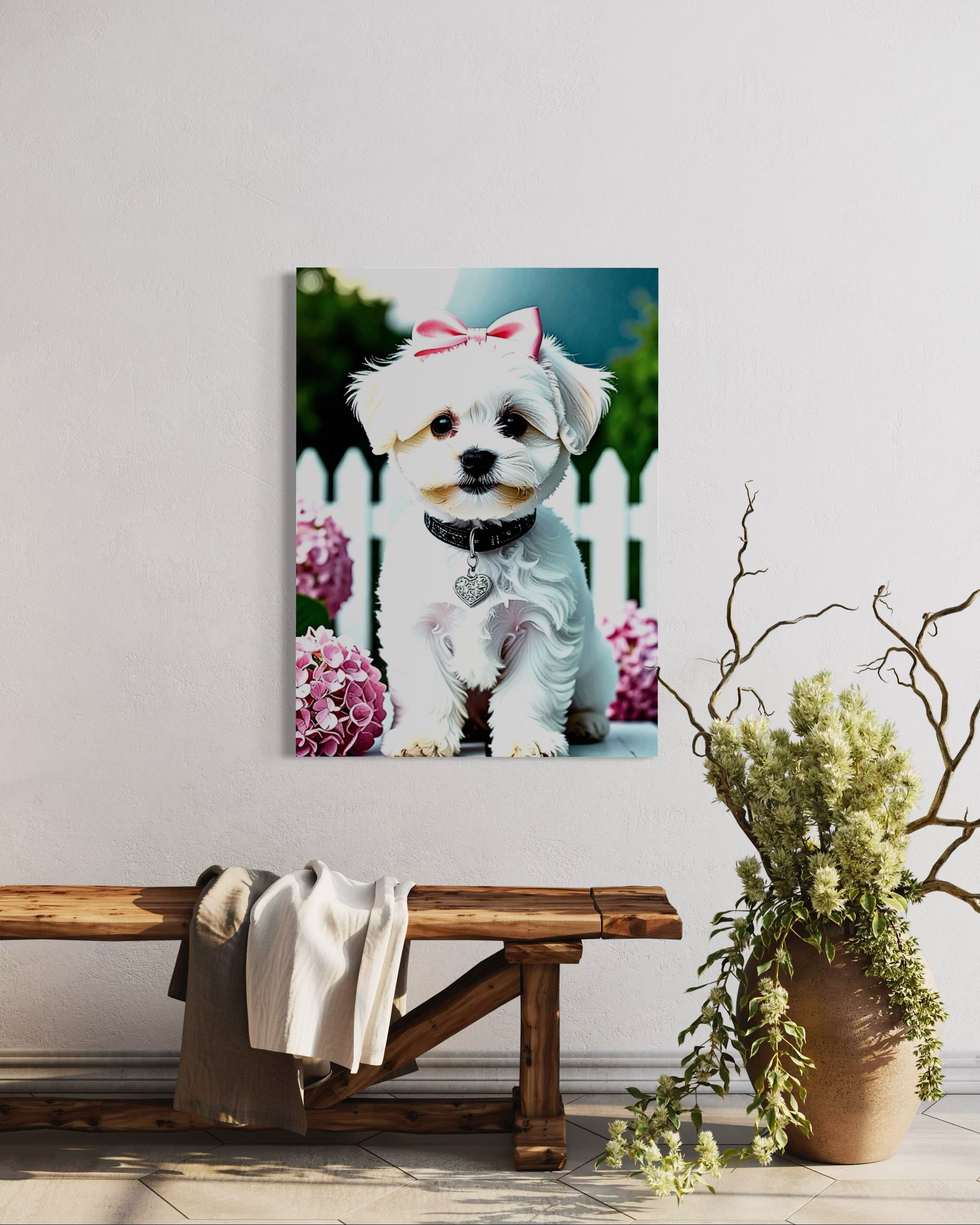 Baby Maltese with Hydrangeas