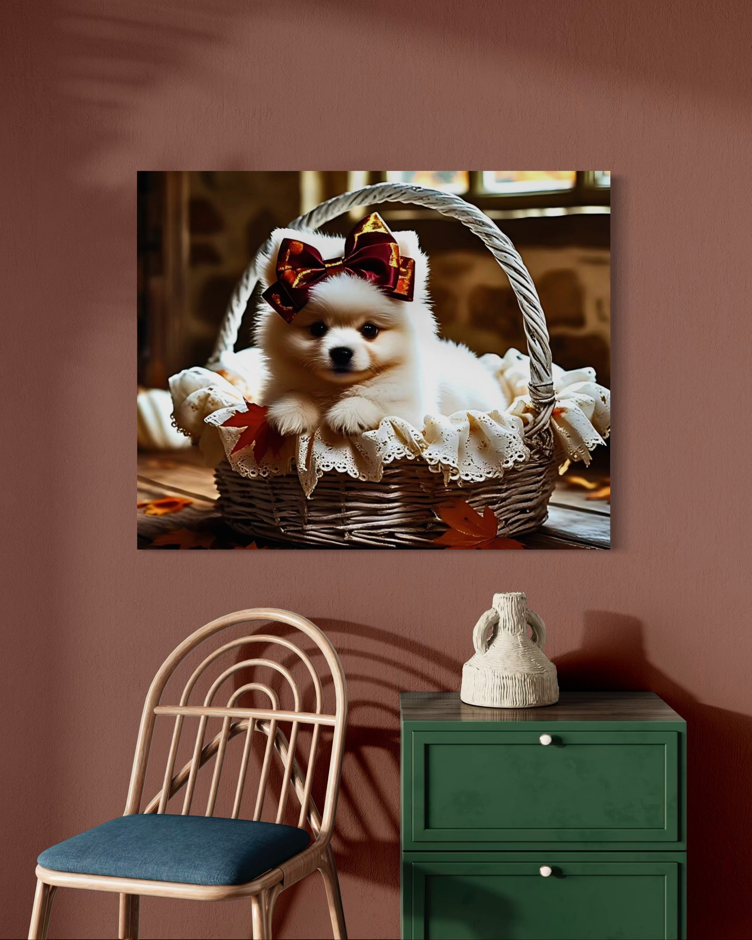 Autumn Pomeranian Puppy Girl with Bow in Basket