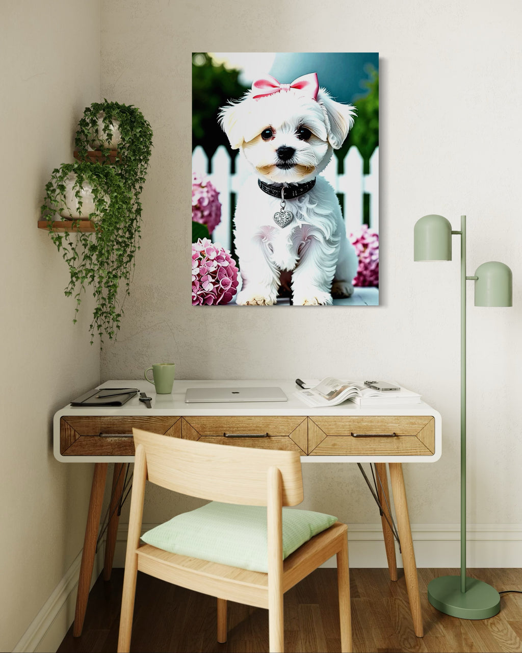 Baby Maltese with Hydrangeas