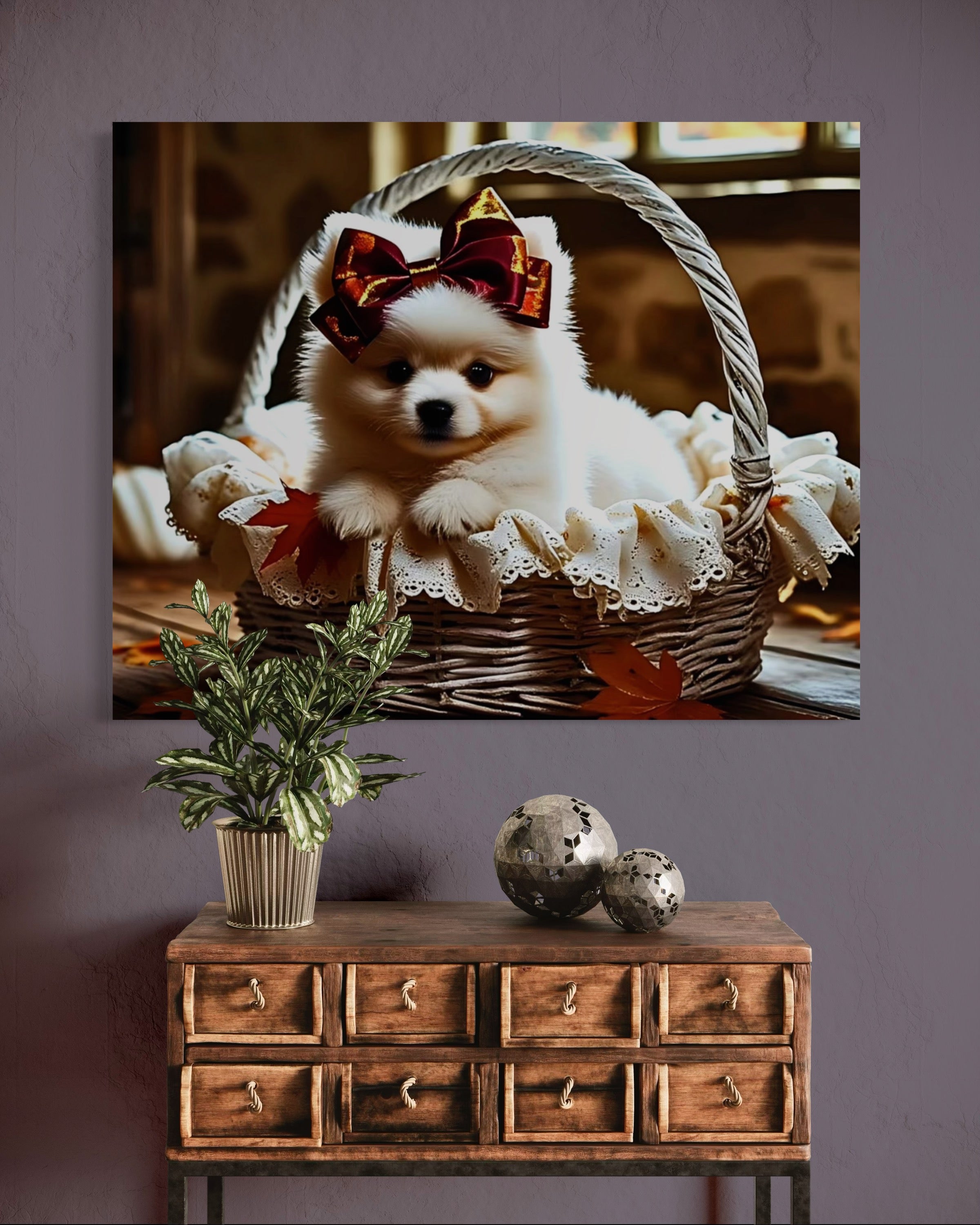 Autumn Pomeranian Puppy Girl with Bow in Basket