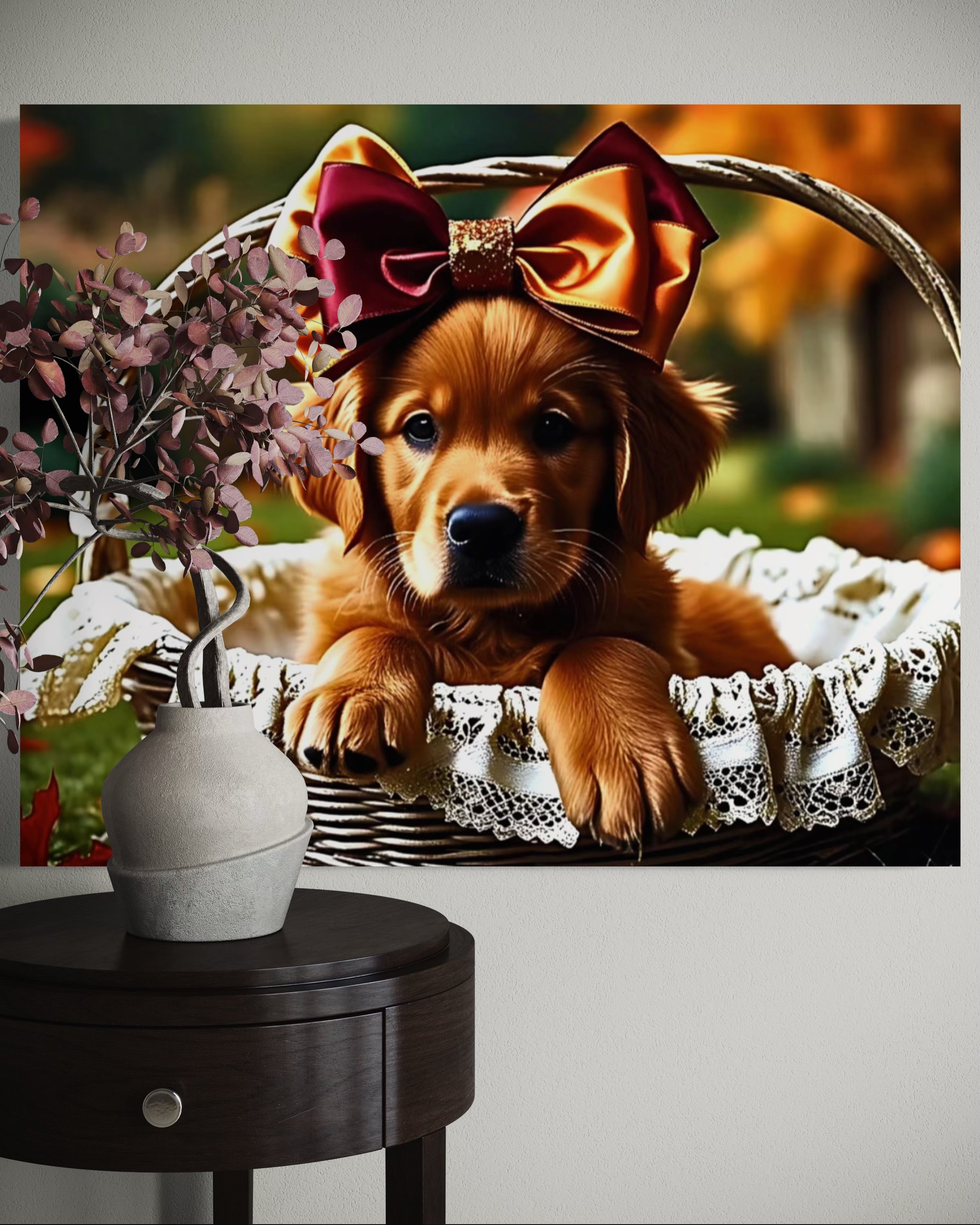 Autumn Golden Retriever Girl Puppy with a bow in a Basket