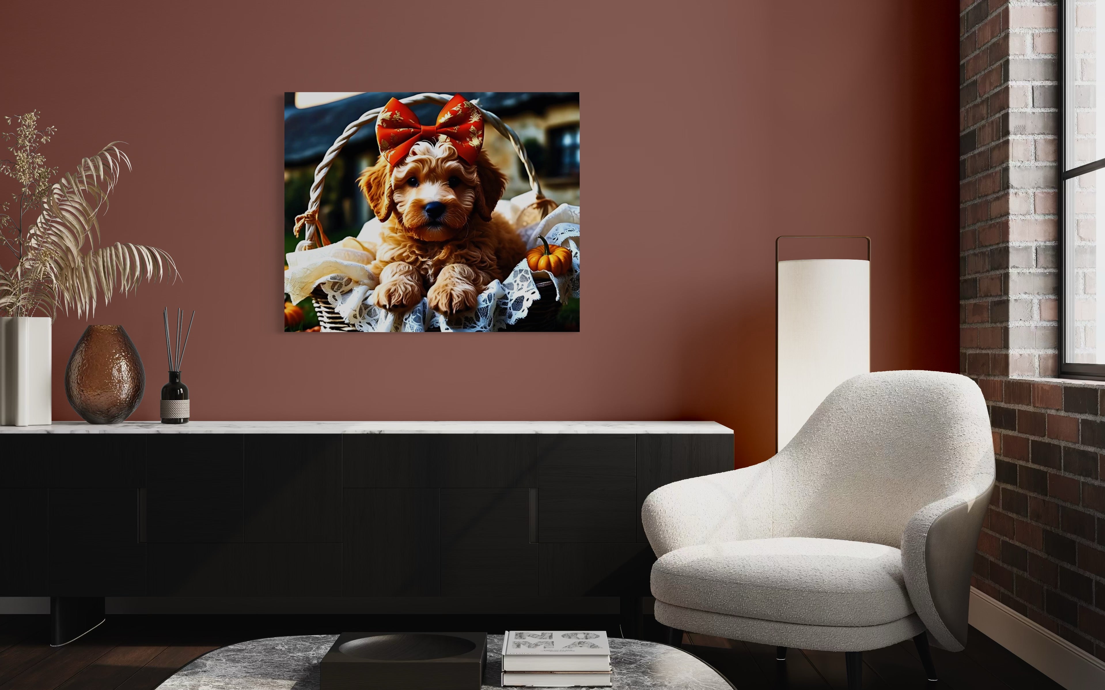Autumn Goldendoodle Puppy with Bow in Basket