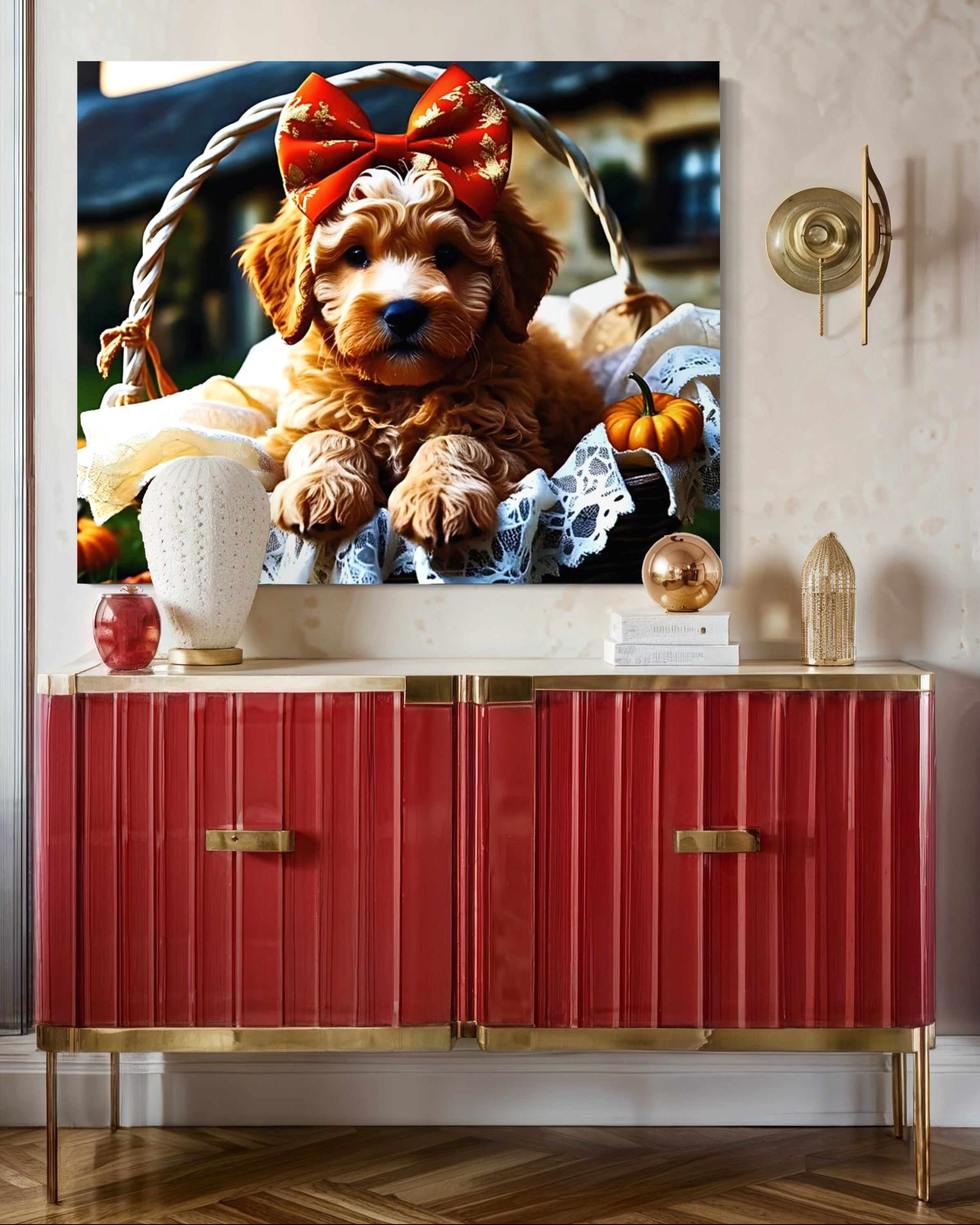 Autumn Goldendoodle Puppy with Bow in Basket