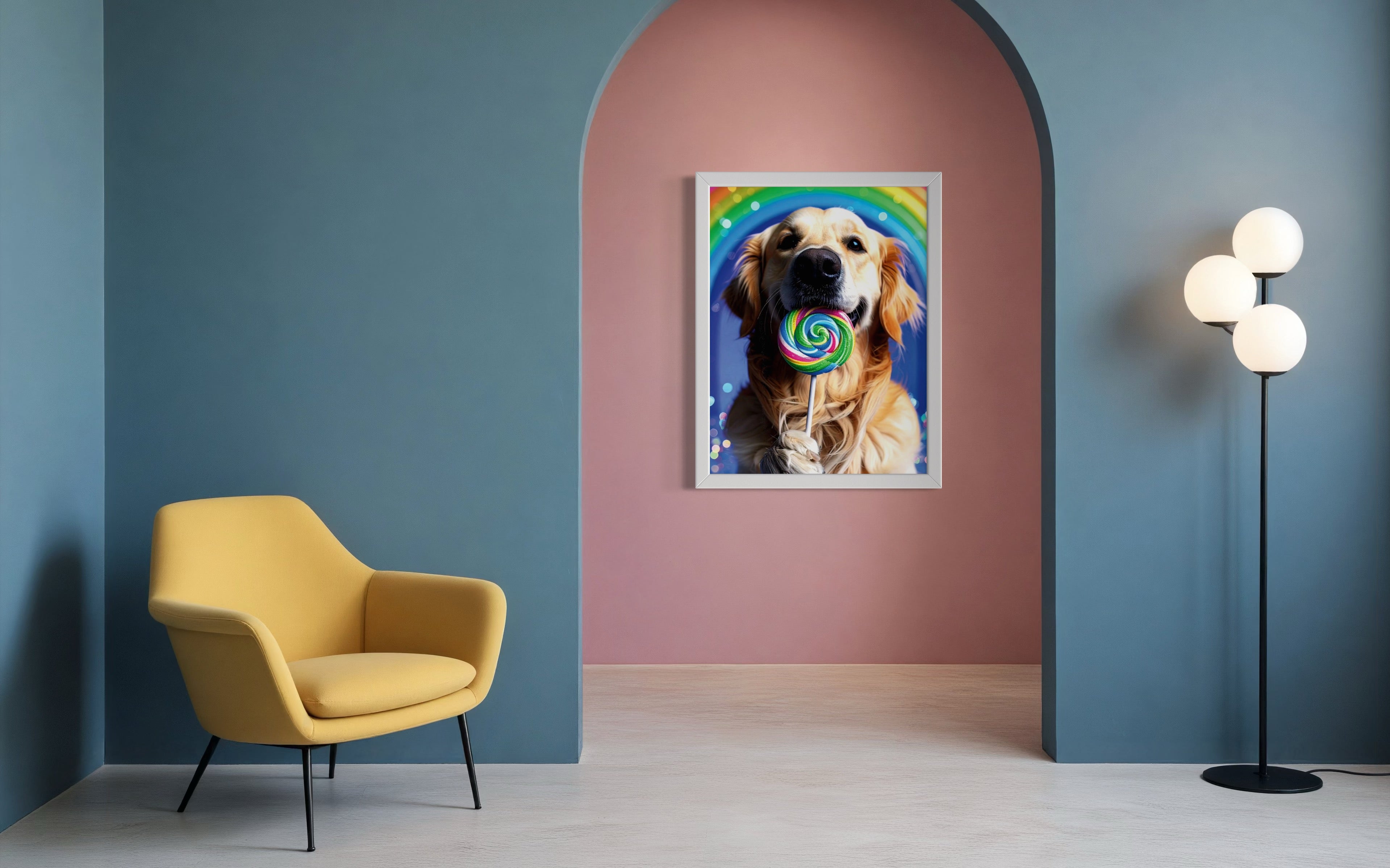 Golden Retriever with Rainbow Lollipop Museum Print
