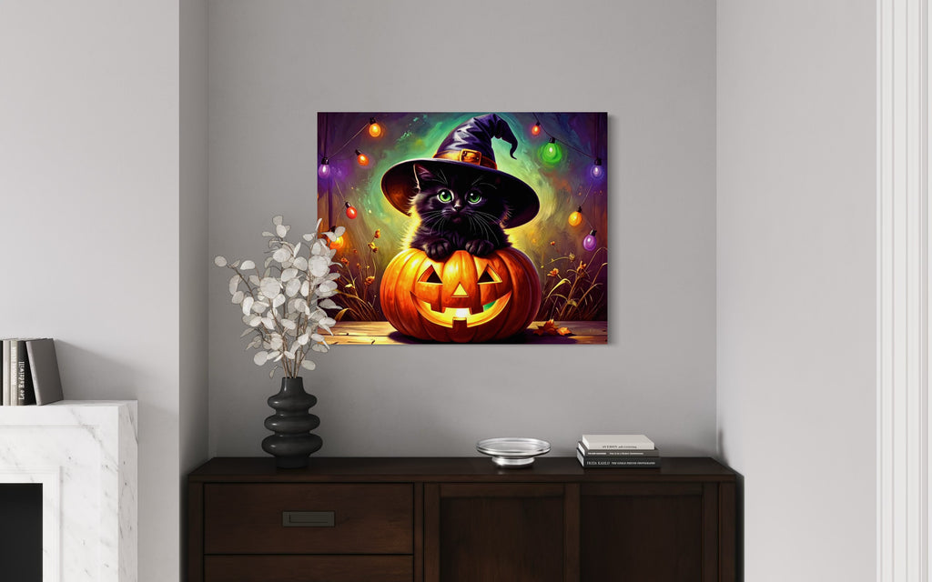 Kitten in Jack O Lantern with Witch Hat