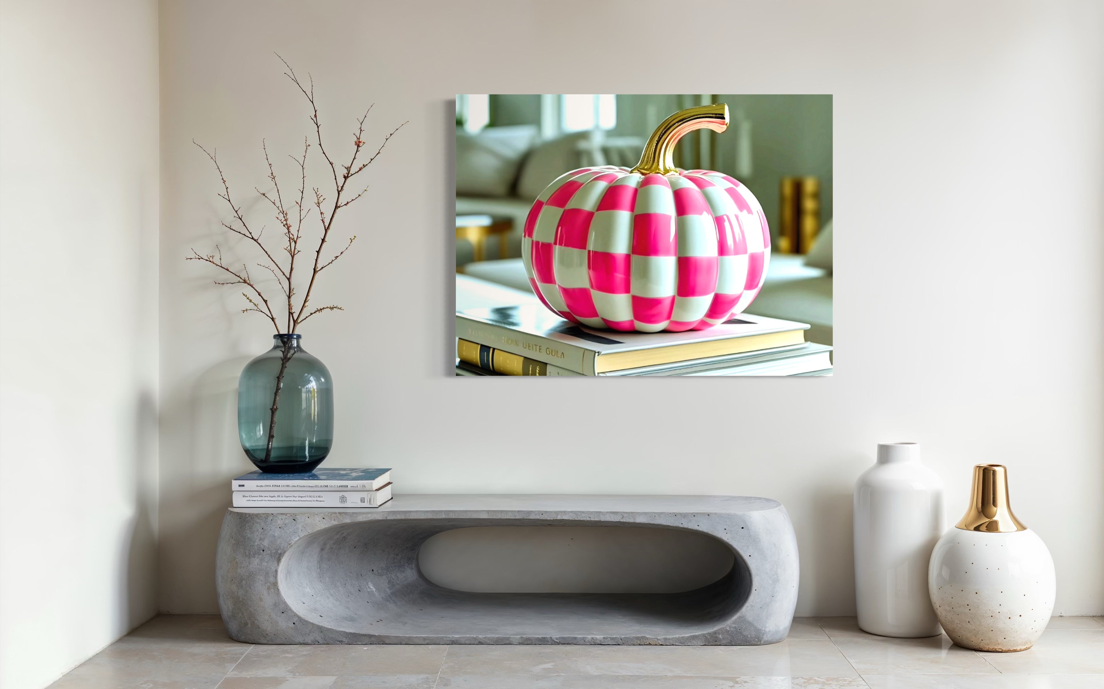 Pink and White Checkered Gold Stem Ceramic Pumpkin