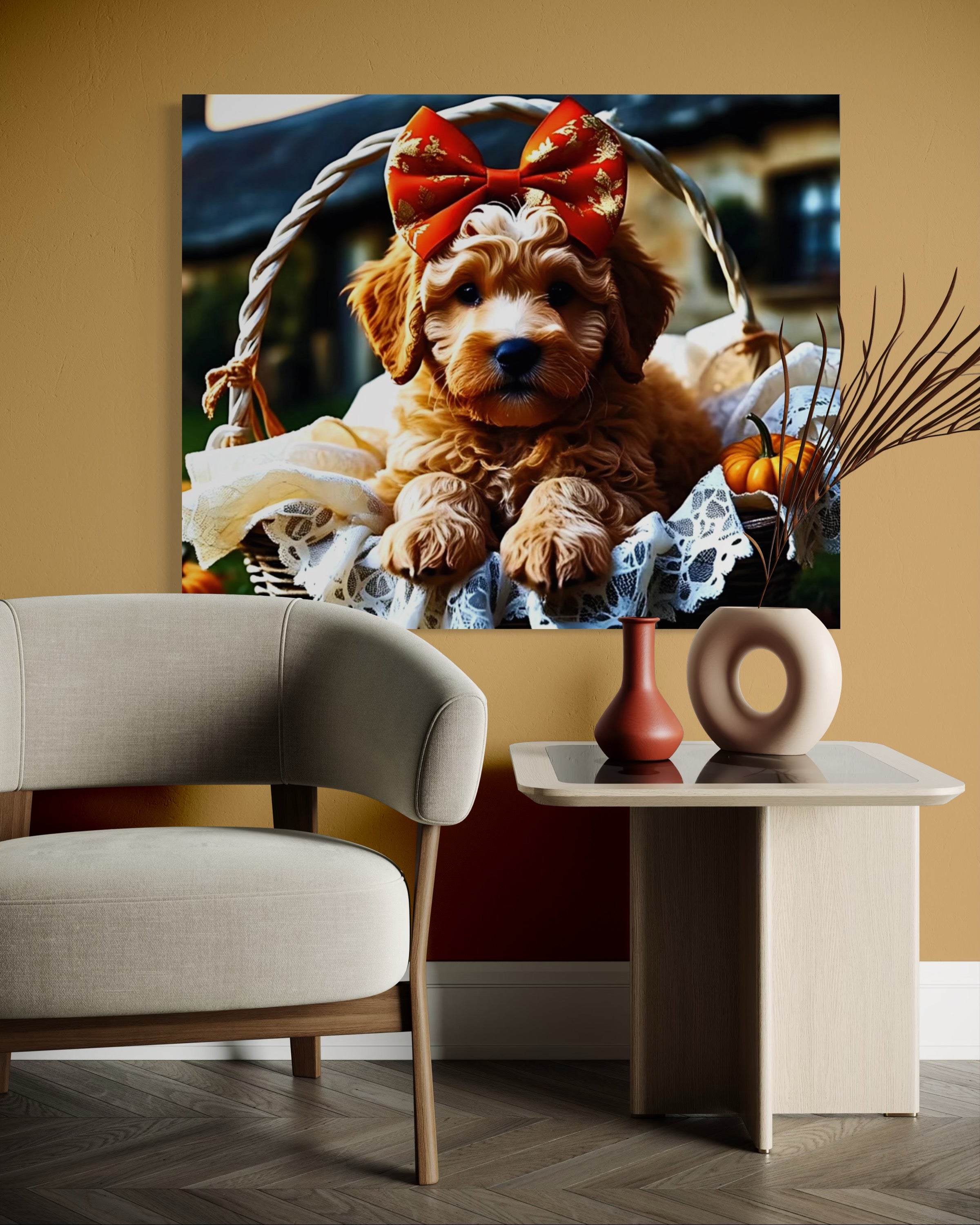 Autumn Goldendoodle Puppy with Bow in Basket