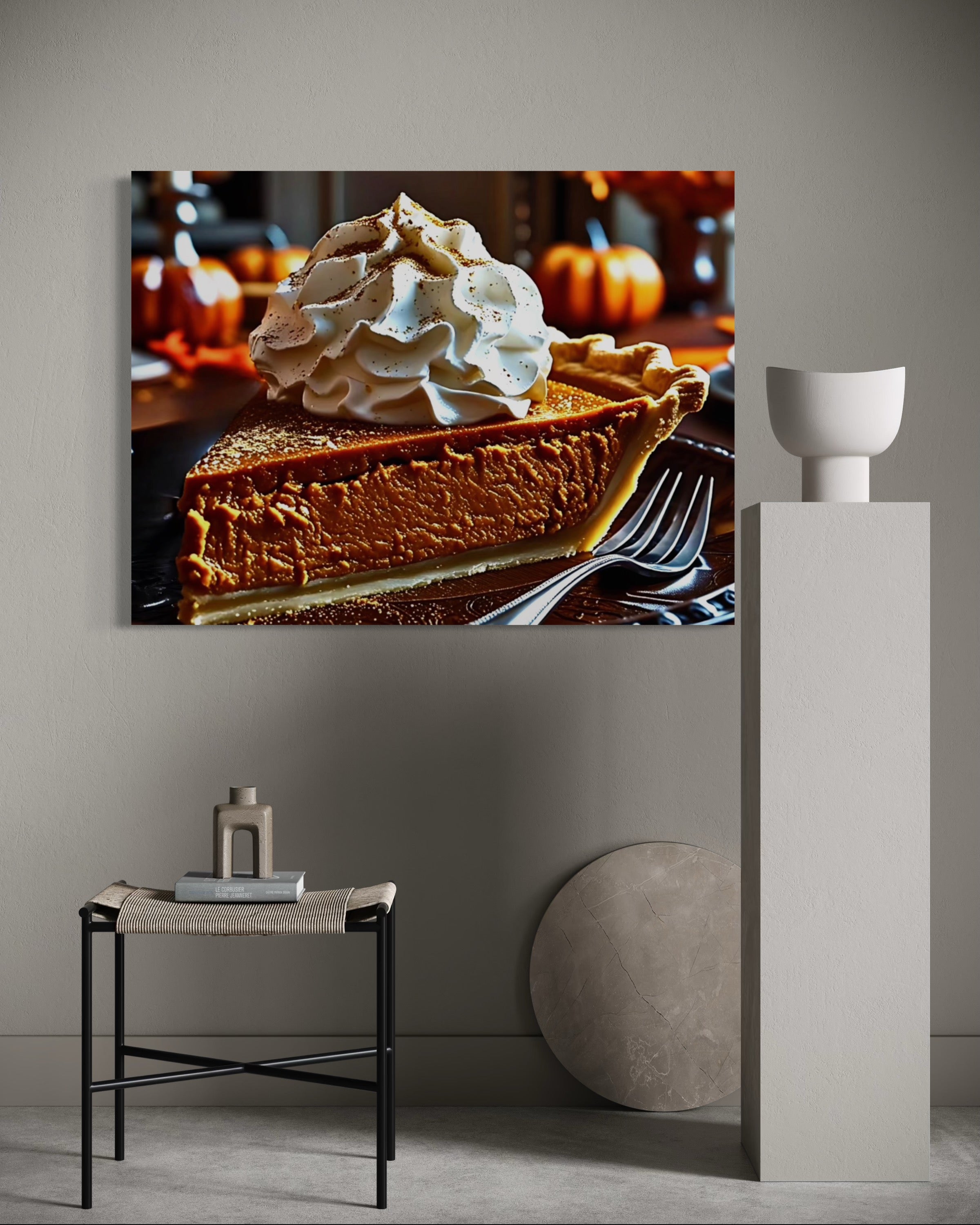 Pumpkin Pie Slice topped with Whipped Cream and Nutmeg