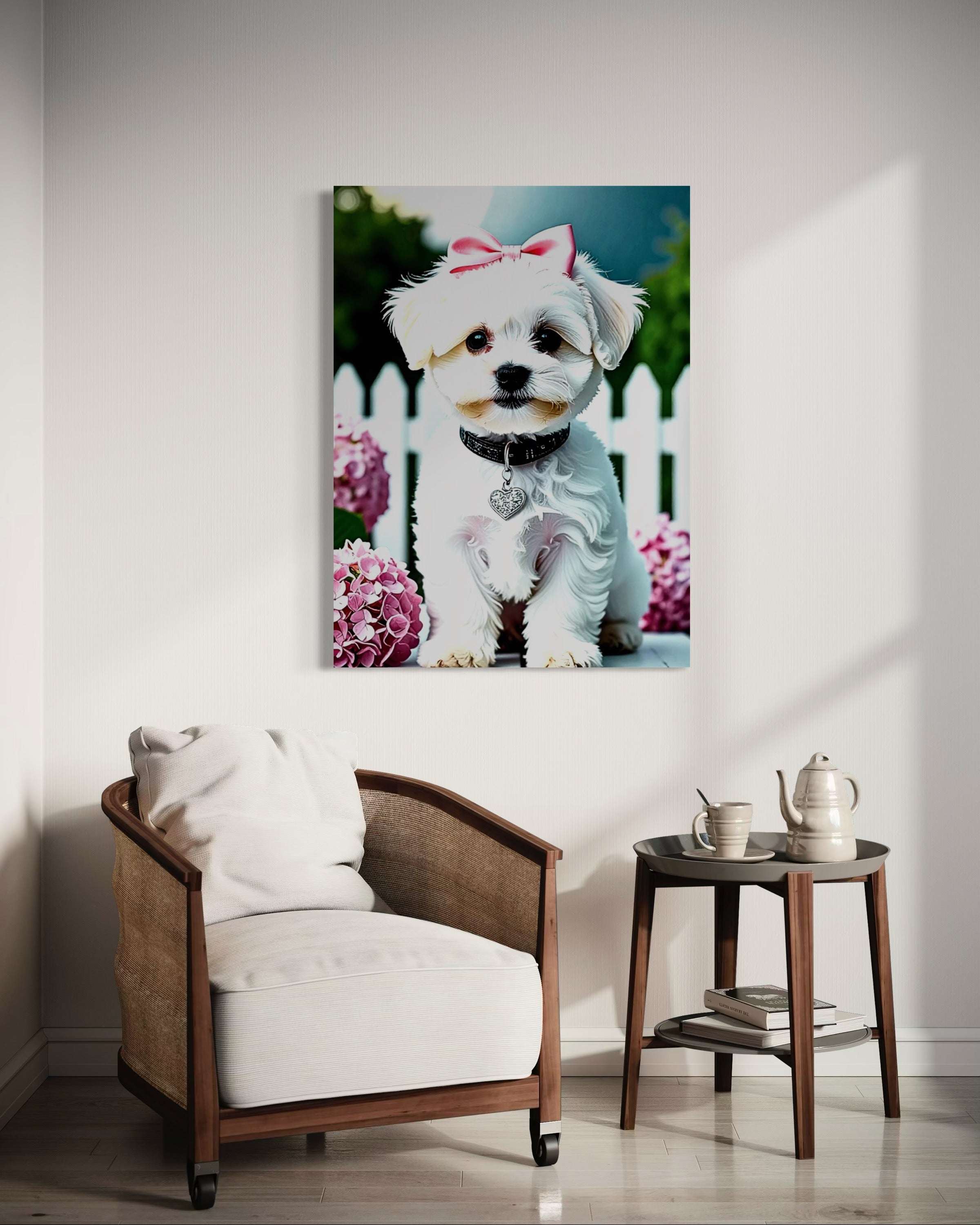 Baby Maltese with Hydrangeas