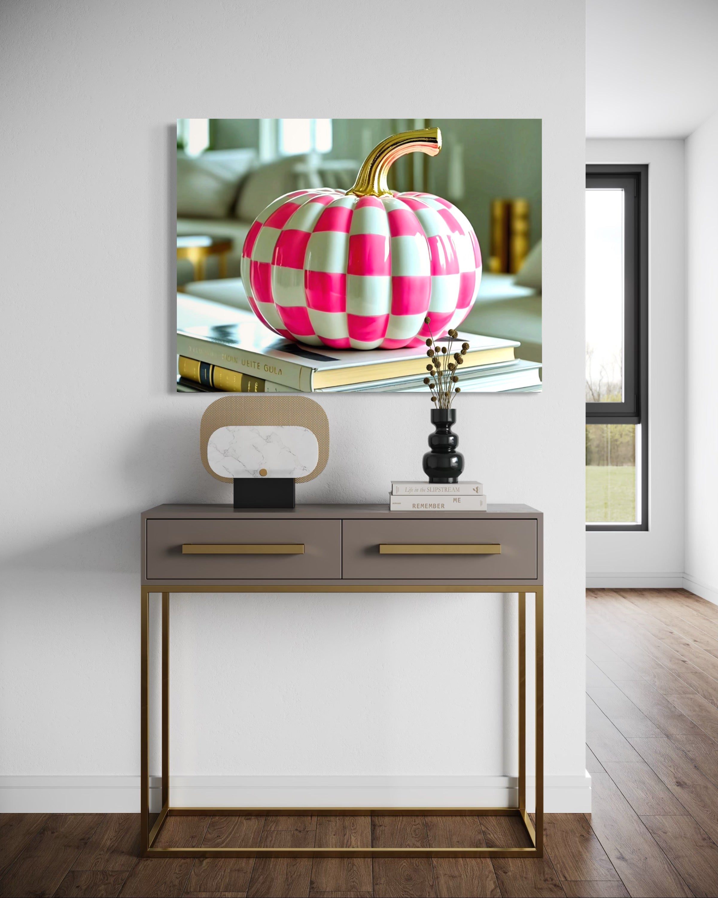 Pink and White Checkered Gold Stem Ceramic Pumpkin