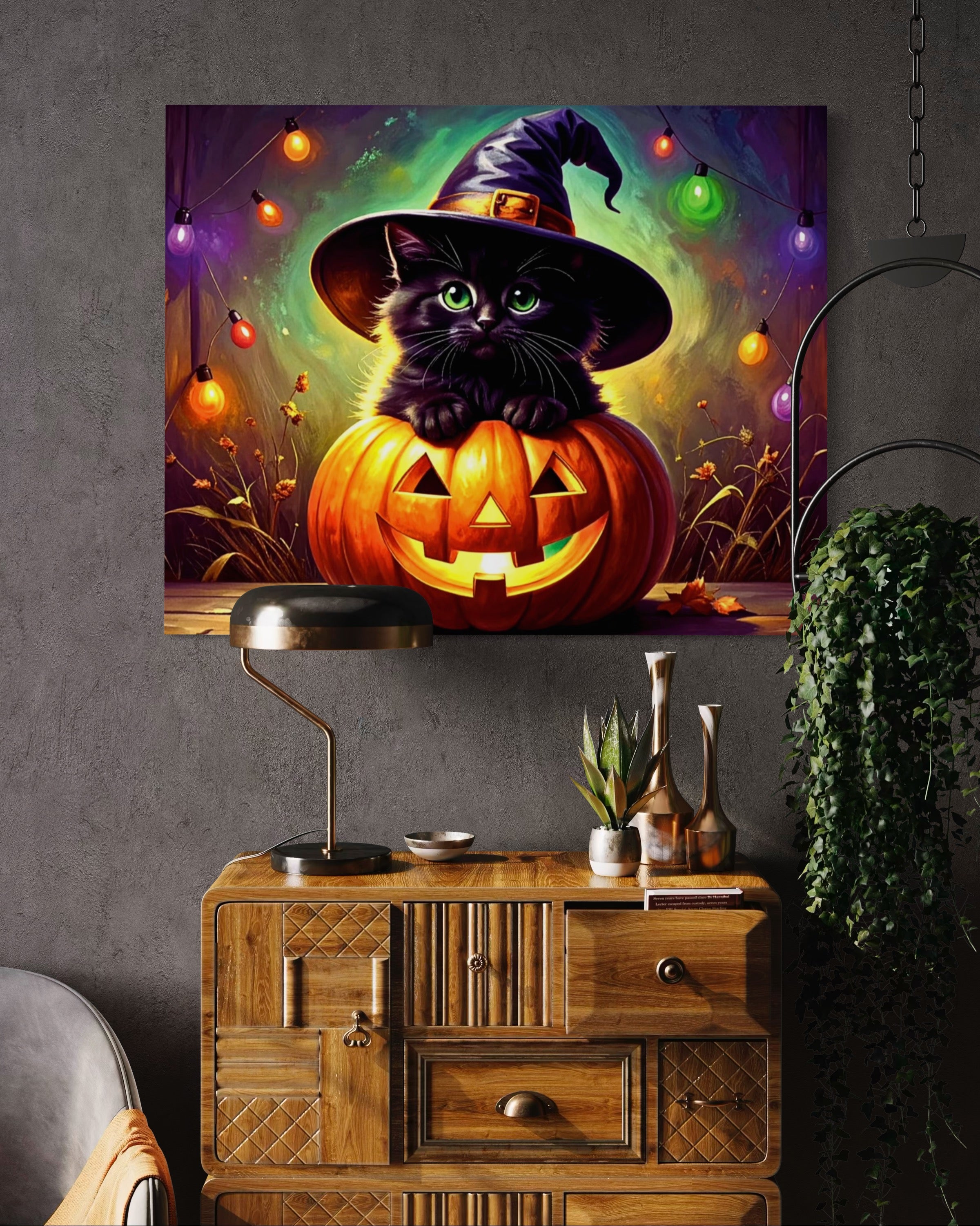Kitten in Jack O Lantern with Witch Hat