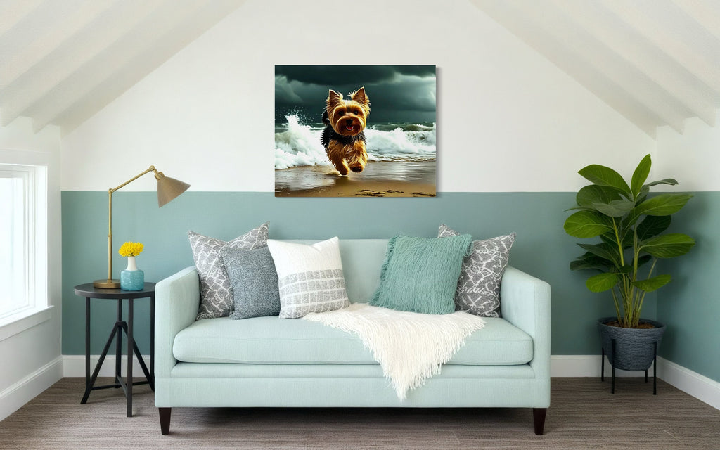 Yorkie running on the Beach in a Storm