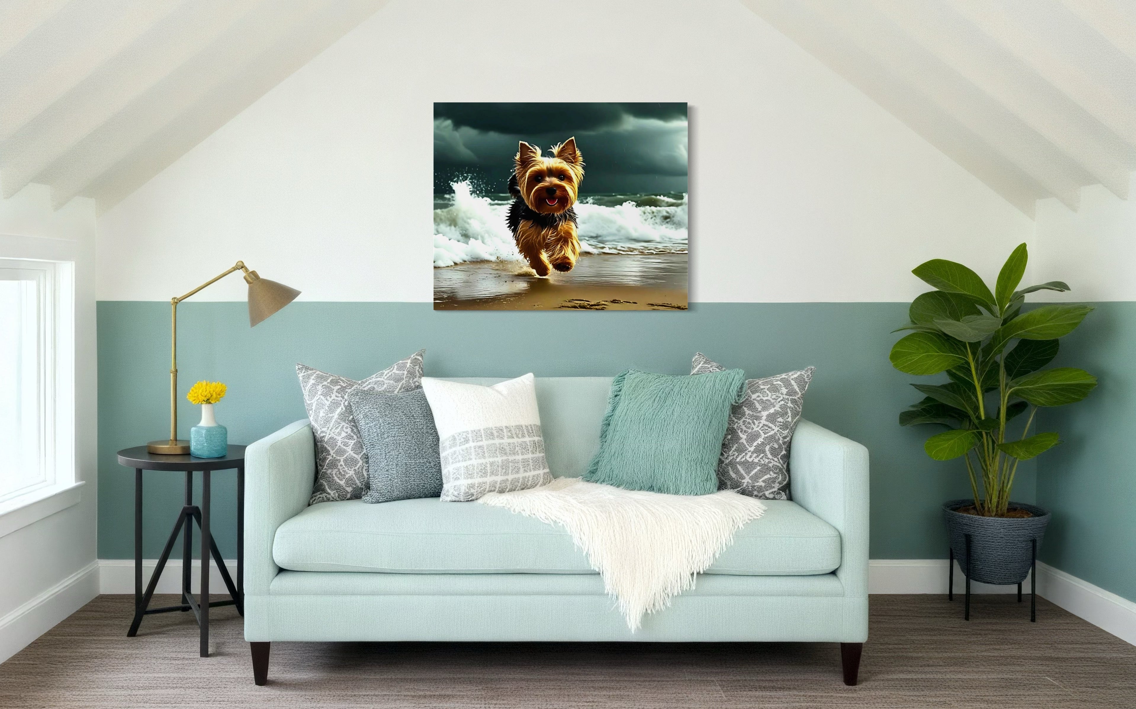 Yorkie running on the Beach in a Storm