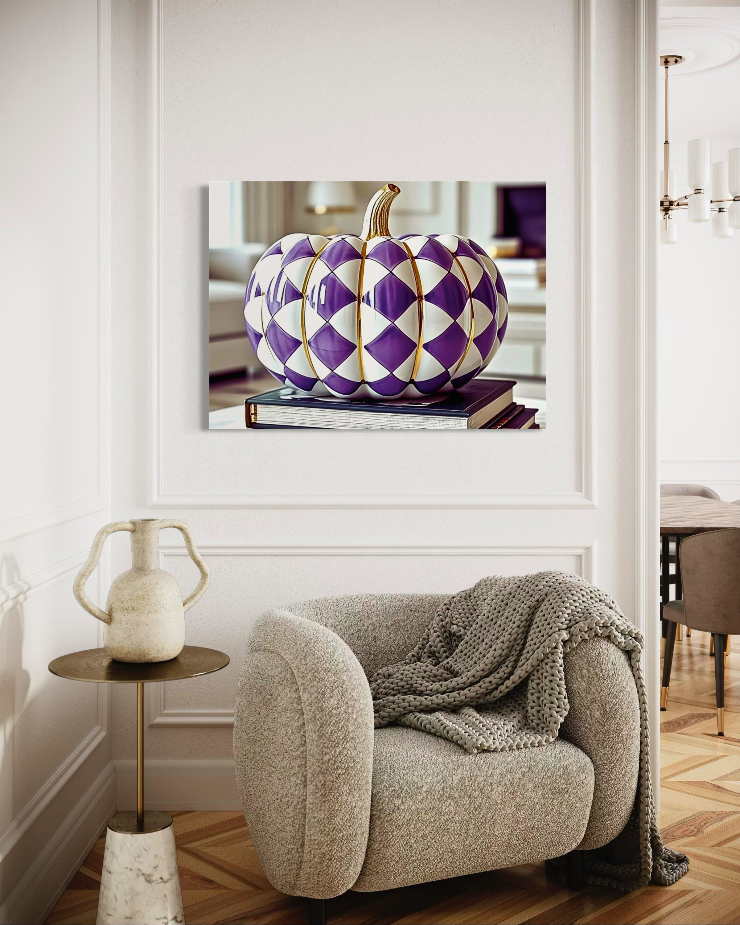 Purple and Gold Checkered Ceramic Pumpkin