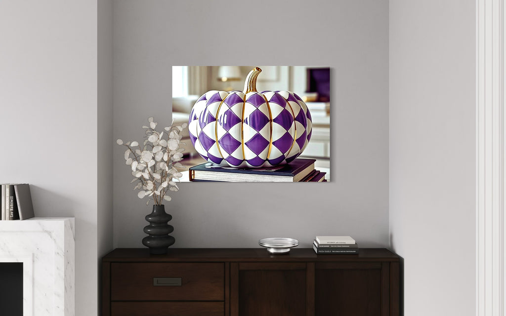 Purple and Gold Checkered Ceramic Pumpkin