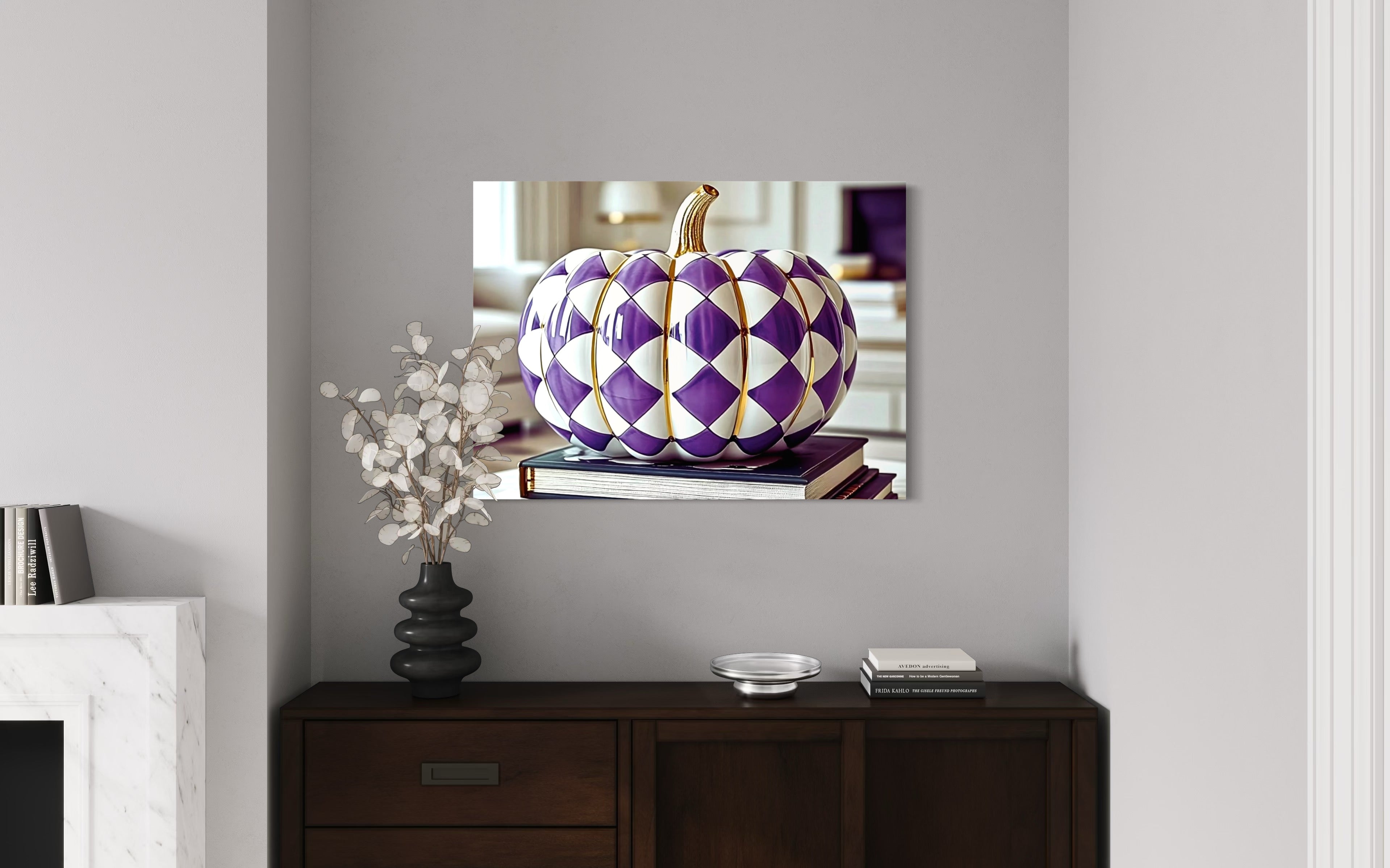 Purple and Gold Checkered Ceramic Pumpkin